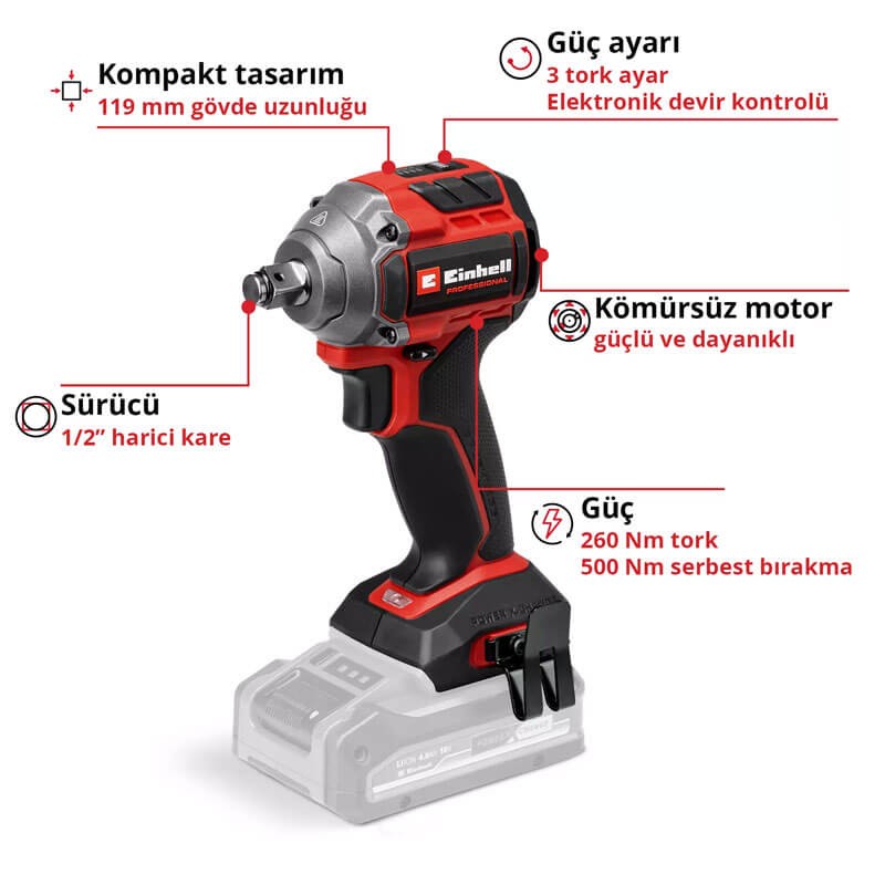 Darbeli Somun Sıkma Makinesi Akülü (Akü Hariç) (260 Nm) (EINHELL 4510090 TP-CW 18/260-C Li BL Solo)