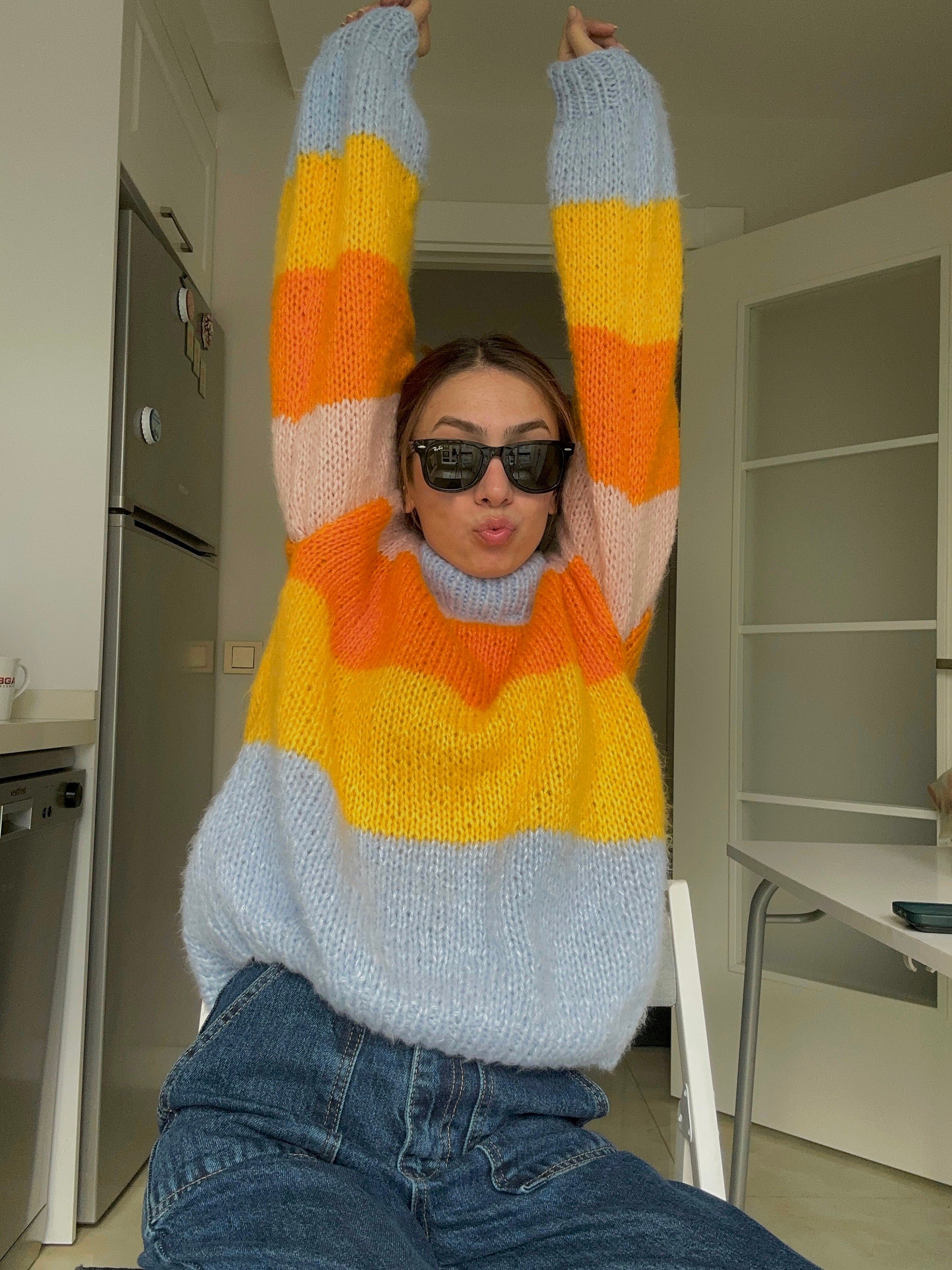 Colorful Striped Sweater, Crochet Sweater, Hand-Knitted Warm Sweater, Oversized Sweater, Unisex Sweater, Multicolored Sweater