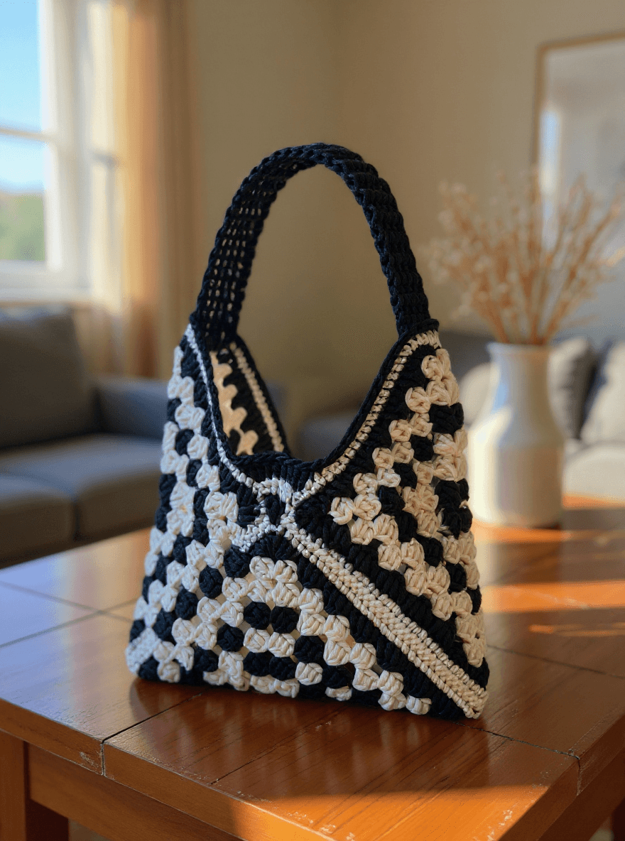 El Yapımı Siyah Beyaz Granny Square Örgü Çanta – Omuz Çantası, Retro Bohem Stil
