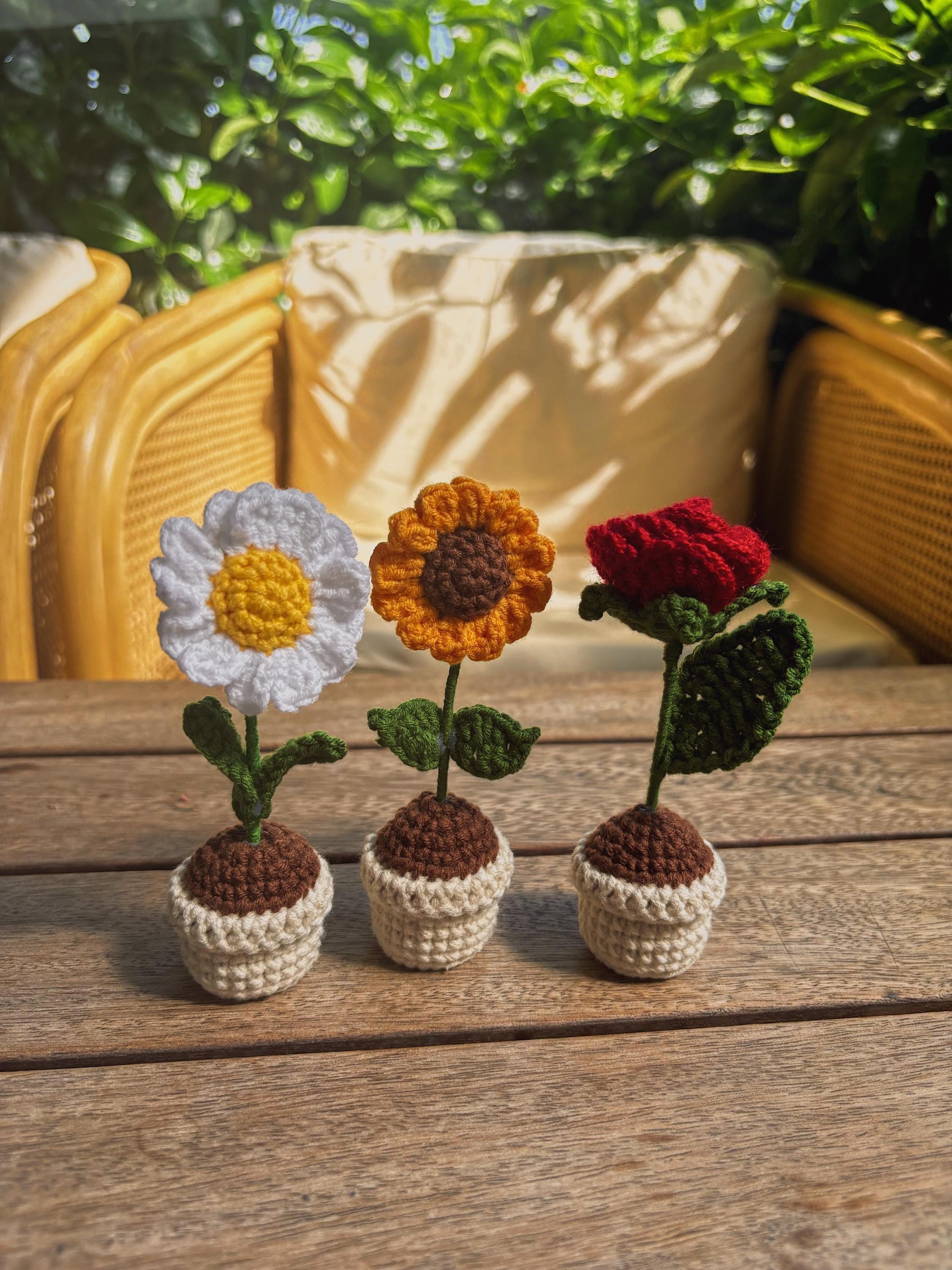 Crochet Potted Flower – Table / Car Decor – Rose, Daisy, Sunflower – Gift for Any Anniversary