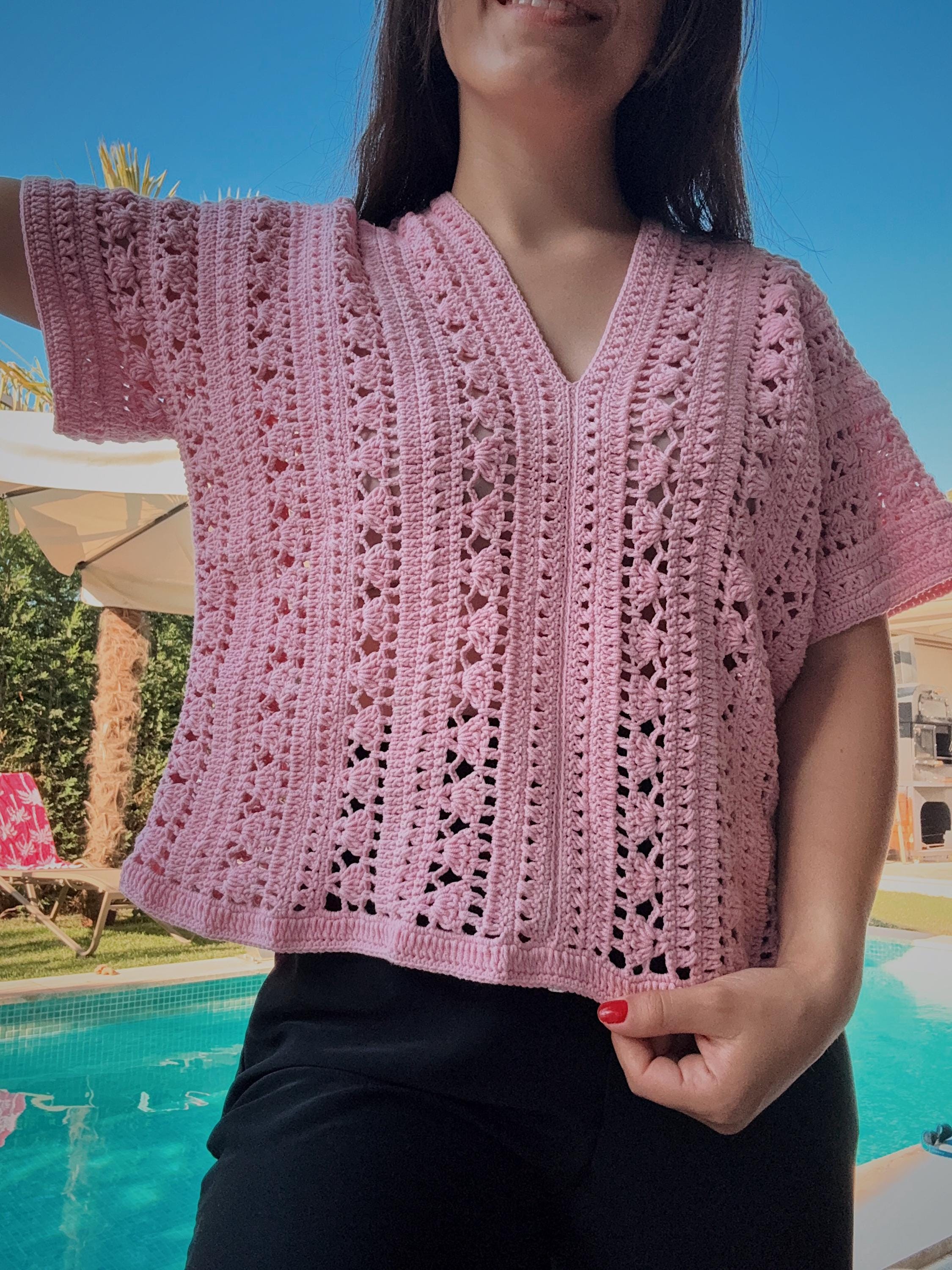 Crochet Summer Top – V-Neck Lace Blouse – Boho Crochet Blouse – Lightweight Beachwear – Short Sleeve Mesh Top