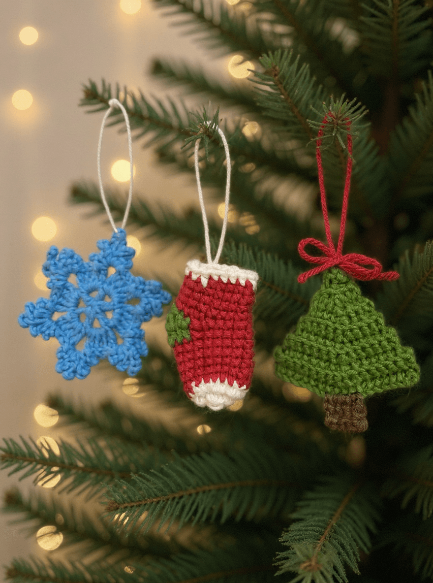 El Yapımı Örgü Yılbaşı Ağaç Süsü Seti (3’lü) | Kar Tanesi, Çorap ve Çam Ağacı | Noel Süsü | Örgü Christmas Ornament Set