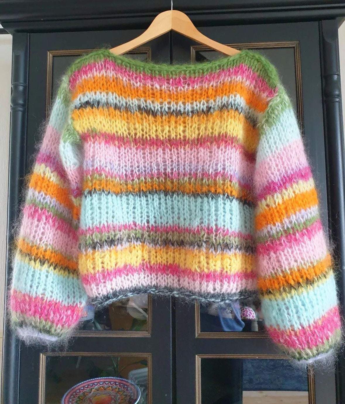 Colorful Striped Sweater, Crochet Sweater, Hand-Knitted Warm Sweater, Oversized Sweater, Unisex Sweater, Multicolored Sweater
