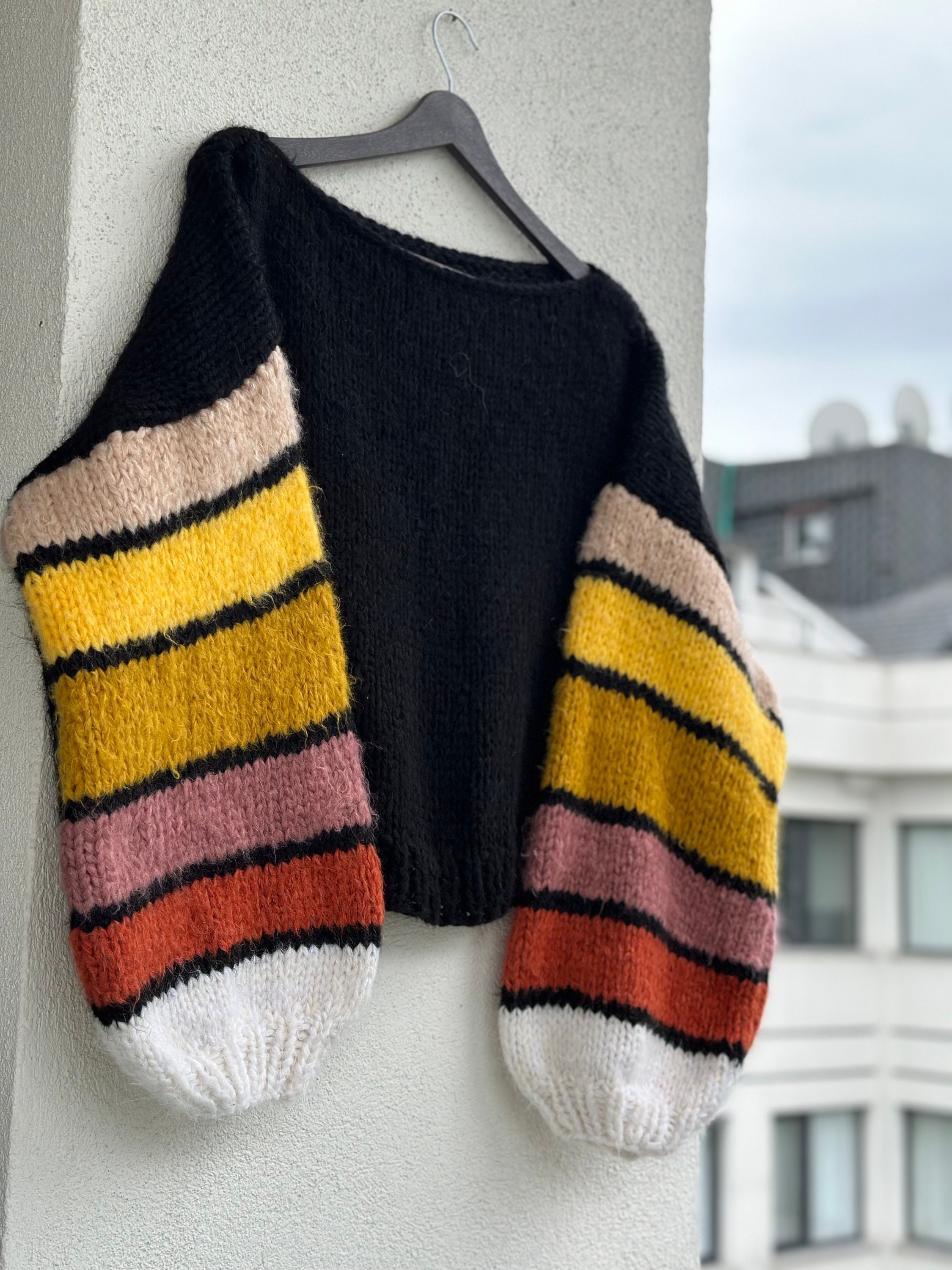 Colorful Striped Sweater, Crochet Sweater, Hand Knitted Warm Sweater,