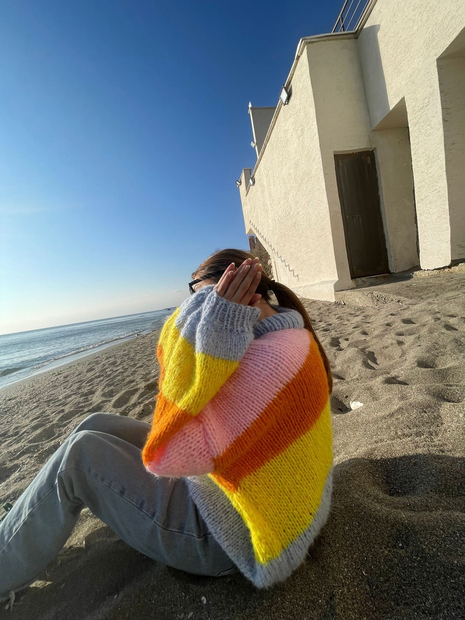 Colorful Striped Sweater, Crochet Sweater, Hand-Knitted Warm Sweater, Oversized Sweater, Unisex Sweater, Multicolored Sweater