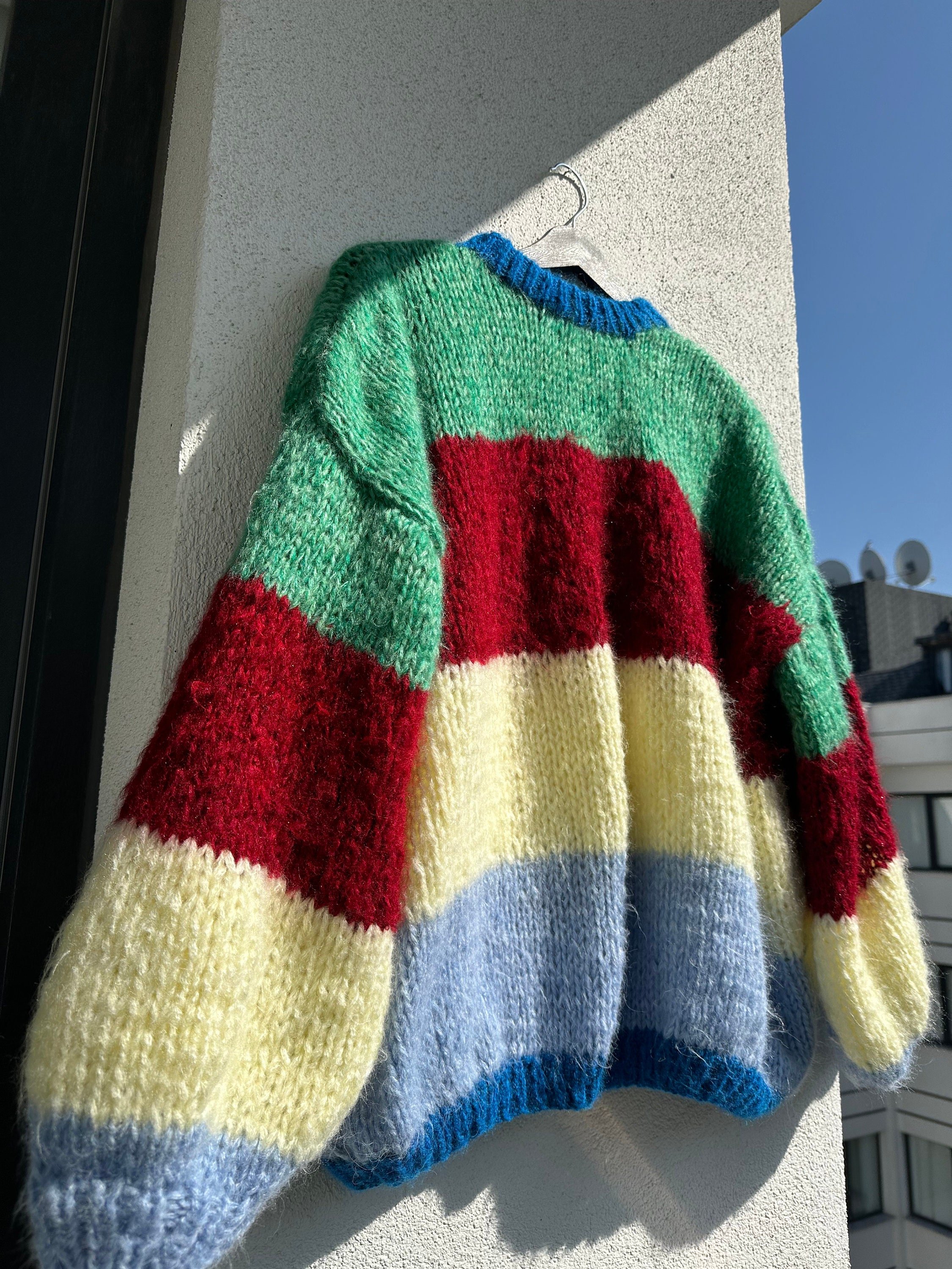 Colorful Striped Sweater, Crochet Sweater, Hand Knitted Warm Sweater,