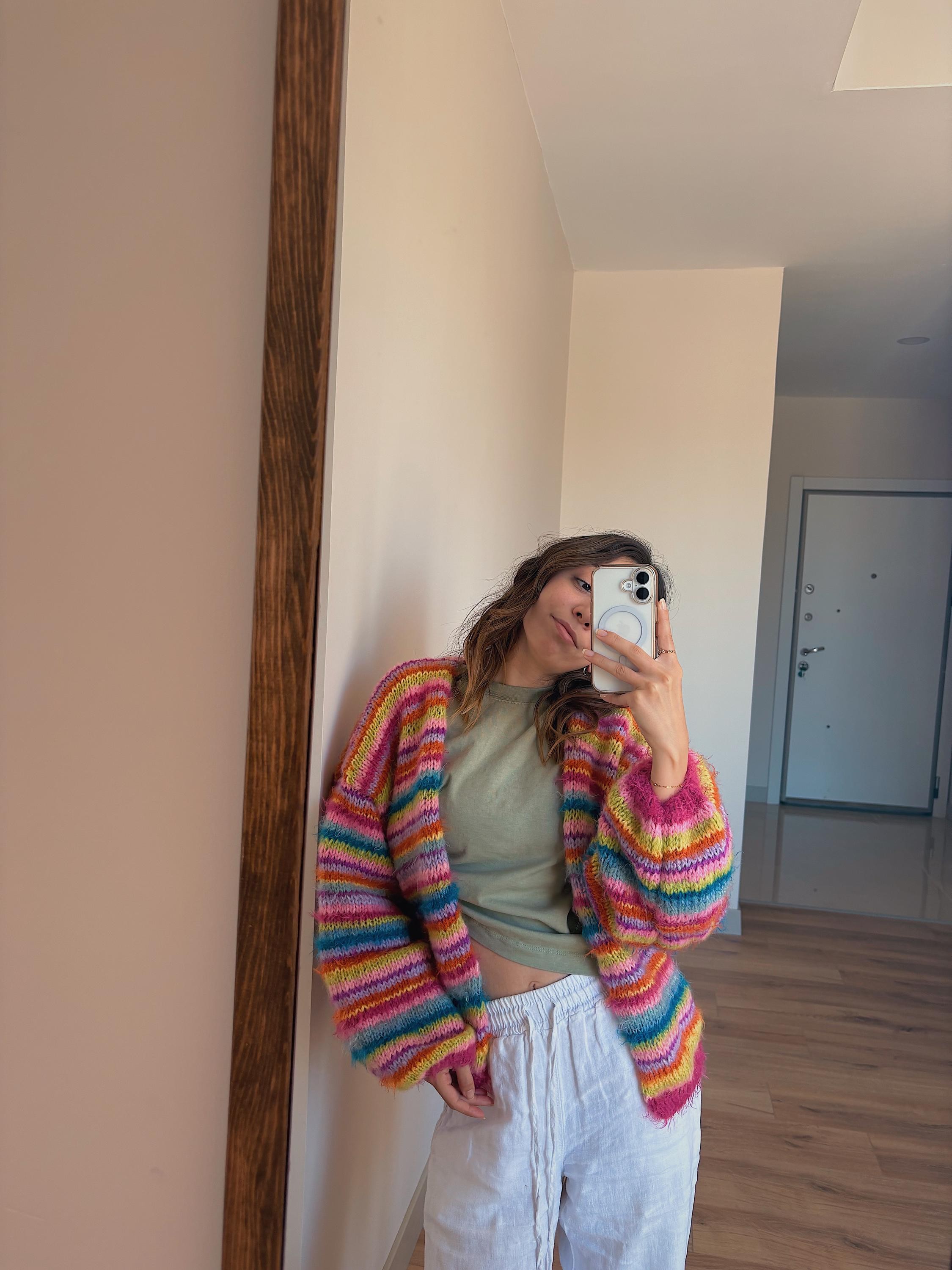 Colorful Striped Cardigan, Knit Cardigan, Hand-Knitted Warm Cardigan, Oversized Cardigan, Unisex Cardigan, Multicolored Cardigan