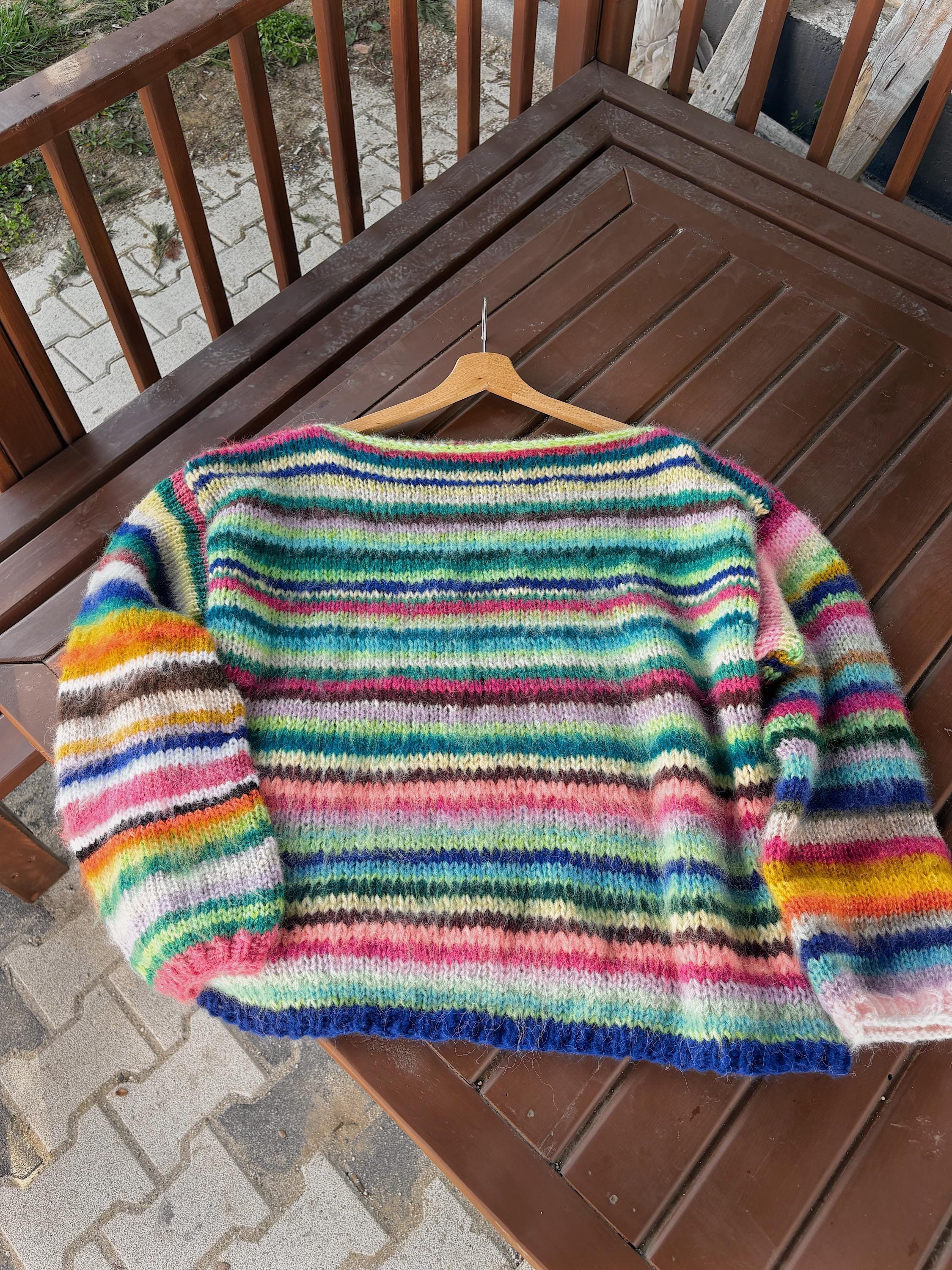 Colorful Striped Sweater, Knitted Sweater, Hand Knitted Warm Sweater,