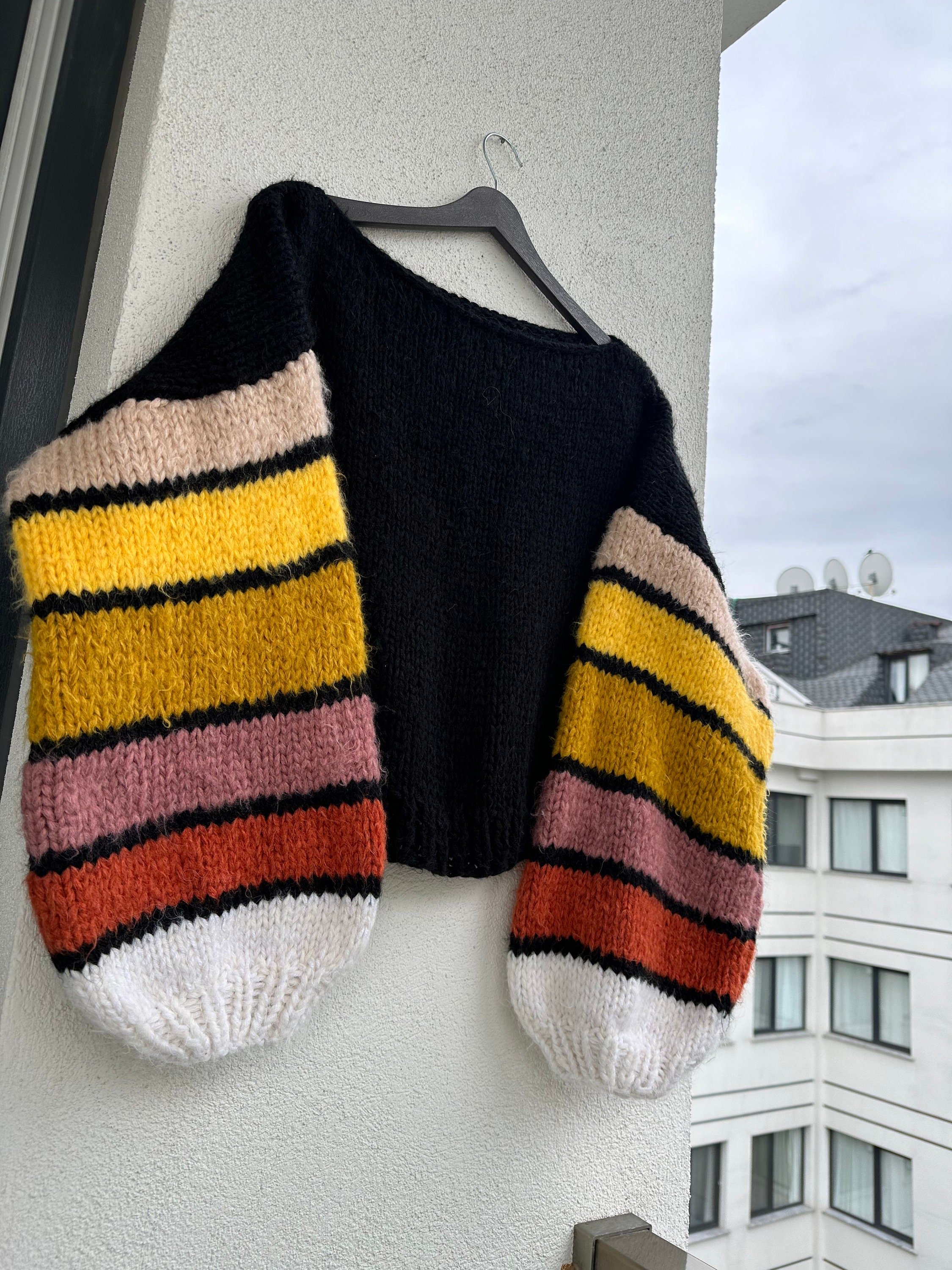 Colorful Striped Sweater, Crochet Sweater, Hand Knitted Warm Sweater,