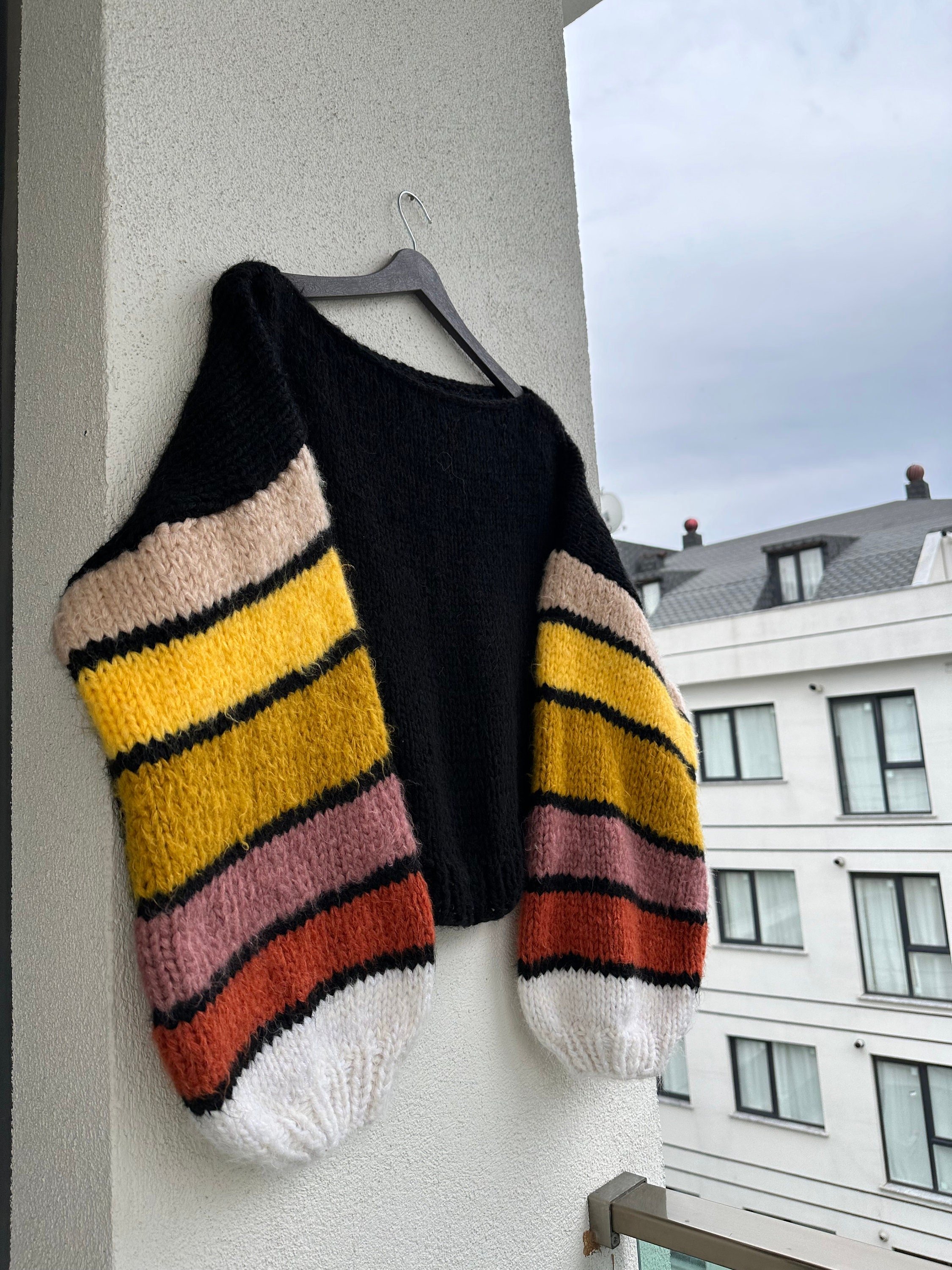 Colorful Striped Sweater, Crochet Sweater, Hand Knitted Warm Sweater,