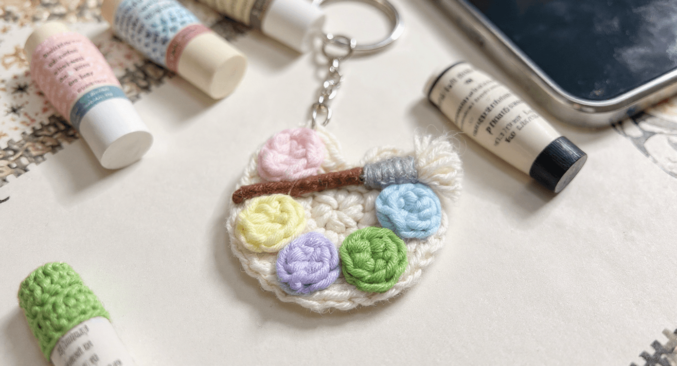 El Yapımı Örgü Boya Paleti Anahtarlık – Renkli Palet Tasarımlı Hediyelik