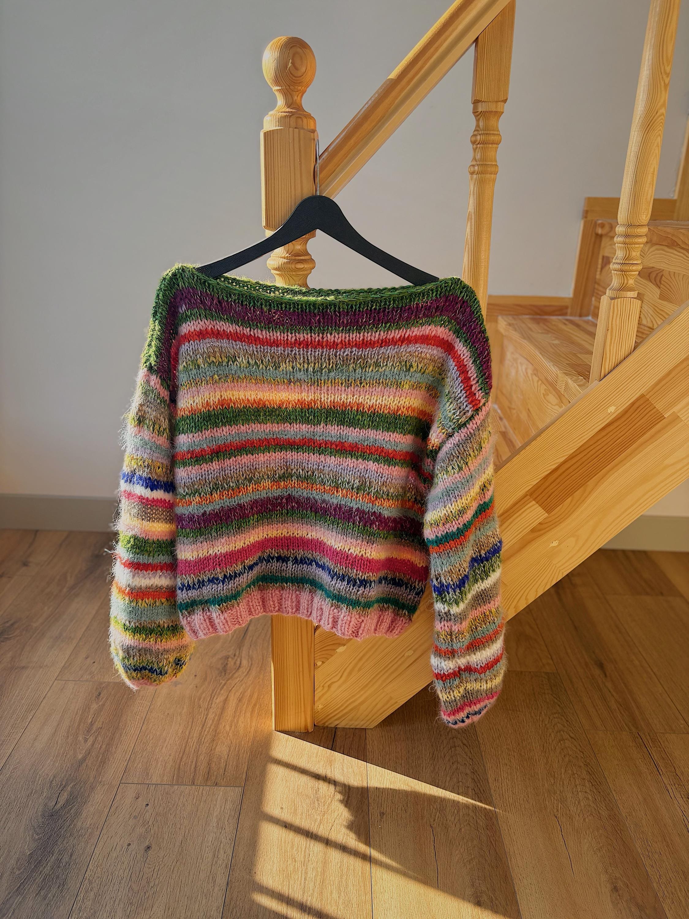 Colorful Striped Sweater, Knitted Sweater, Hand Knitted Warm Sweater,