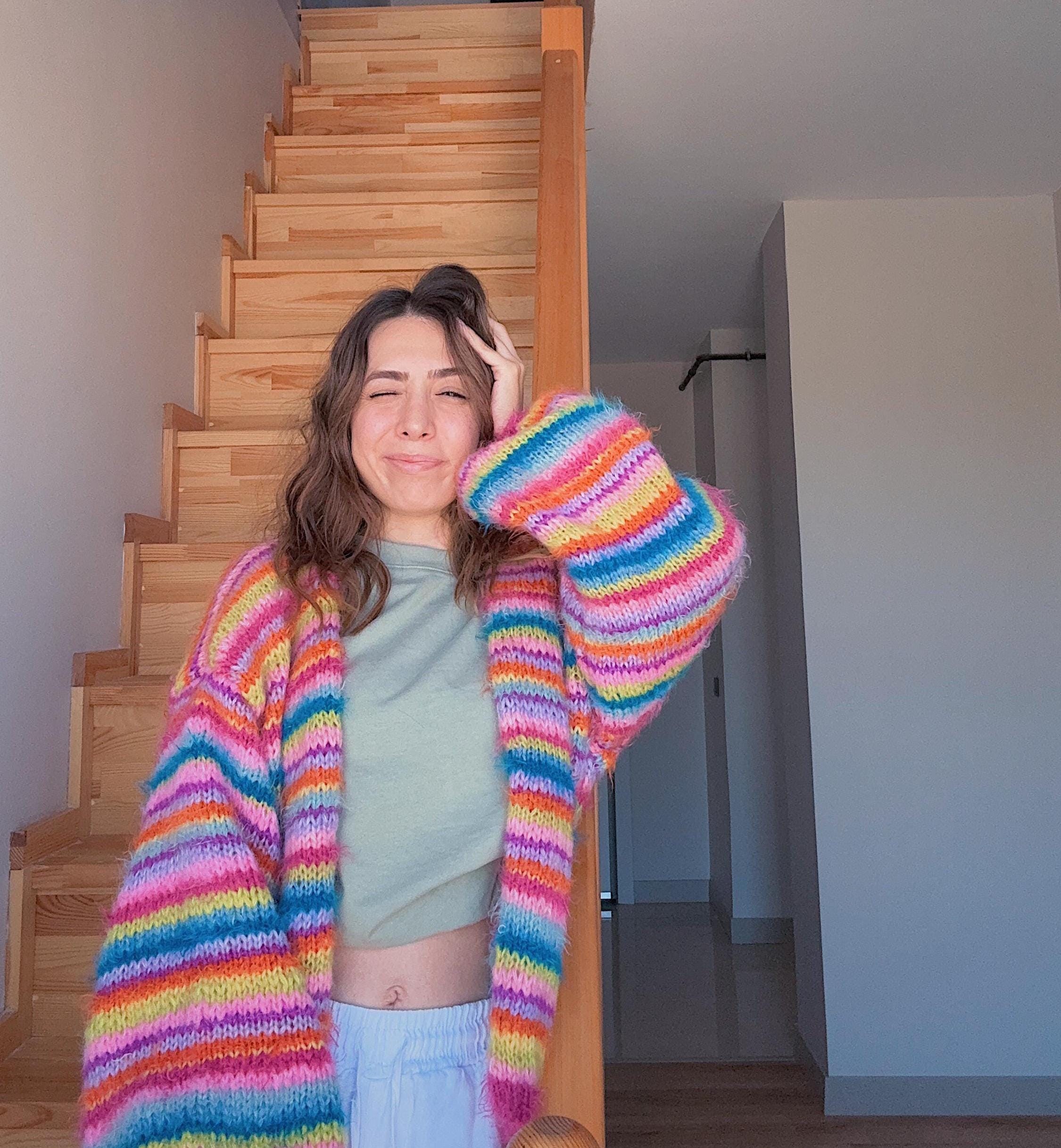 Colorful Striped Cardigan, Knit Cardigan, Hand-Knitted Warm Cardigan, Oversized Cardigan, Unisex Cardigan, Multicolored Cardigan