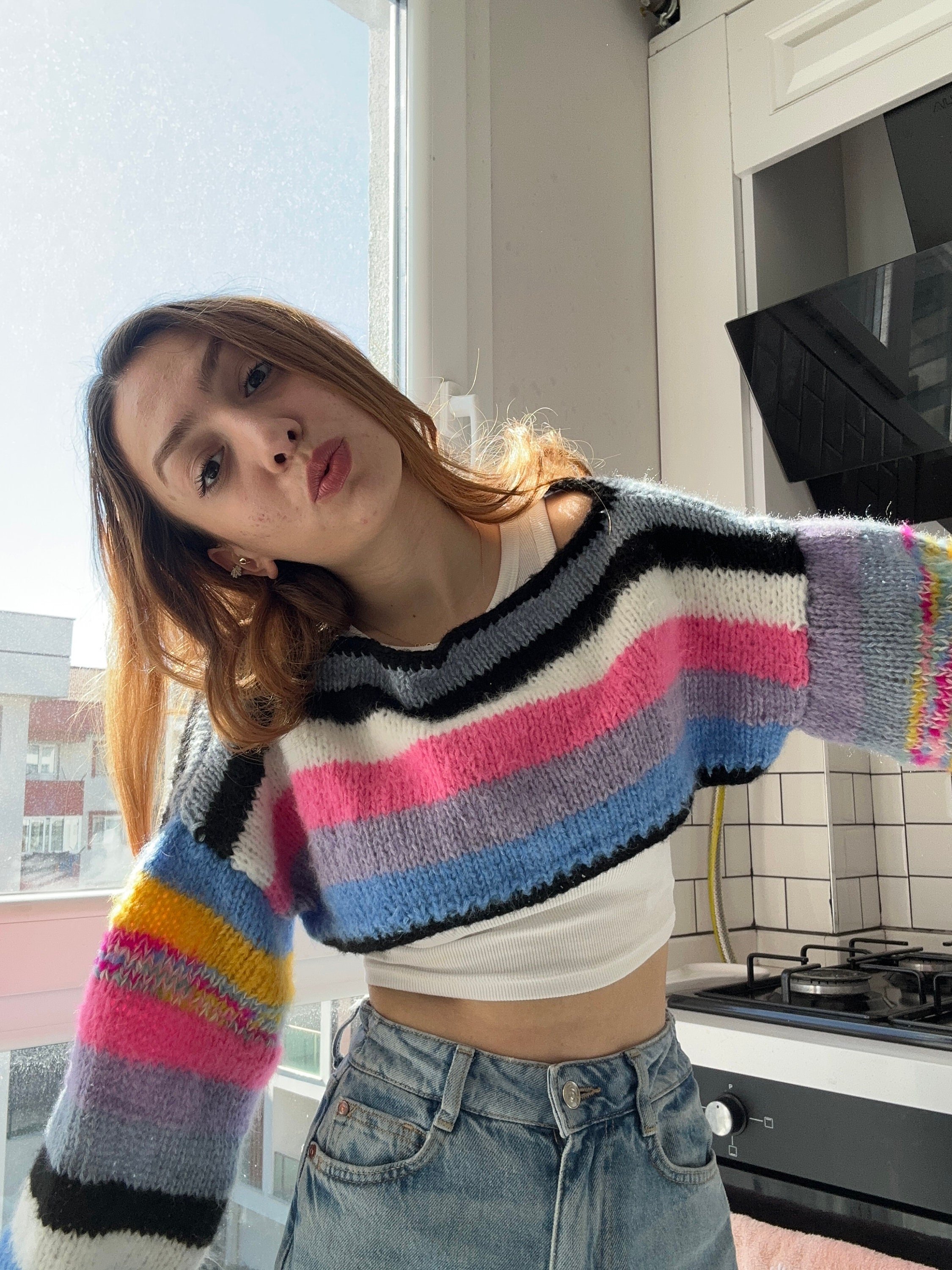 Colorful Crochet Long Sleeve Top, Handmade Crop Top, Vintage Style Crochet Blouse, Handmade Long Sleeve Blouse, Beach Cover Up, Handmade Crop
