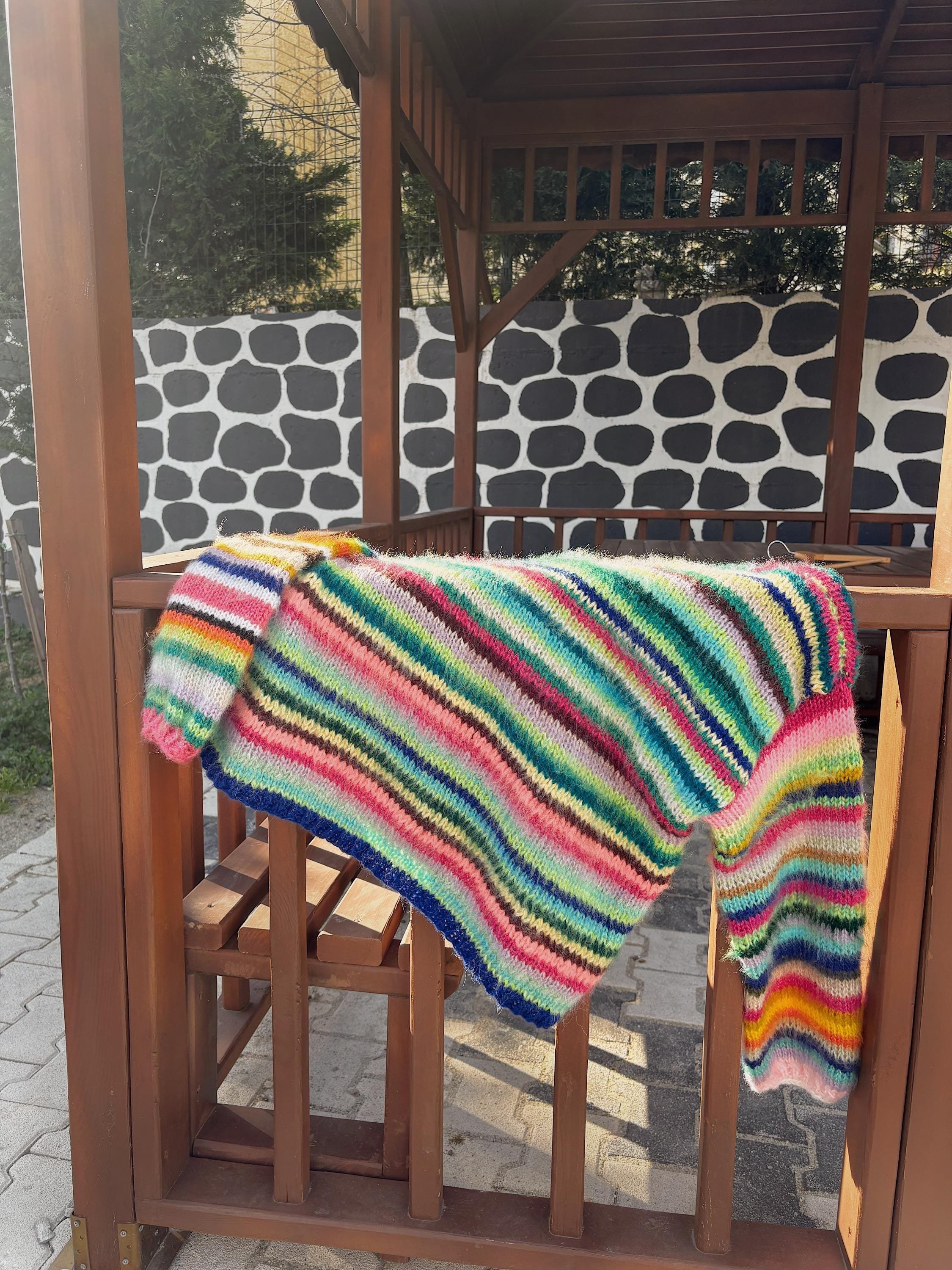 Colorful Striped Sweater, Knitted Sweater, Hand Knitted Warm Sweater,