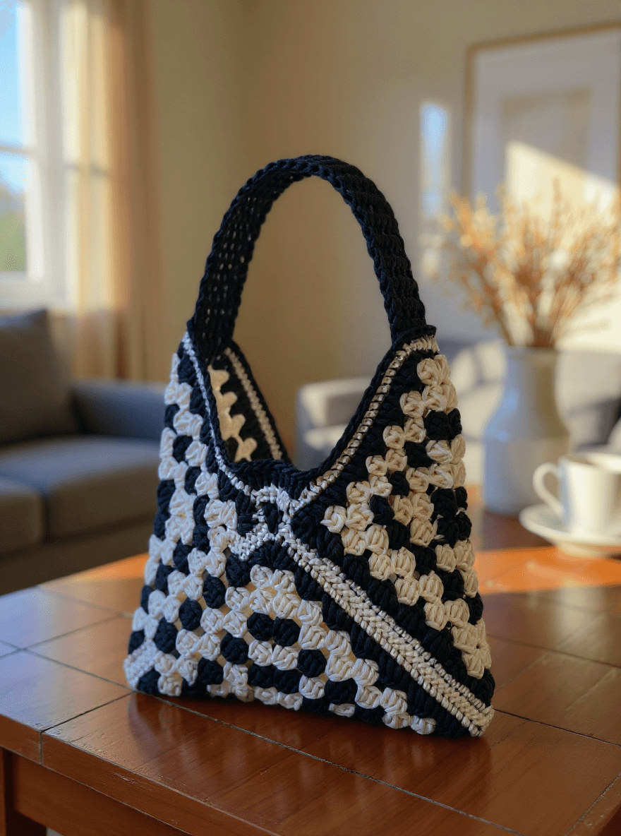 El Yapımı Siyah Beyaz Granny Square Örgü Çanta – Omuz Çantası, Retro Bohem Stil