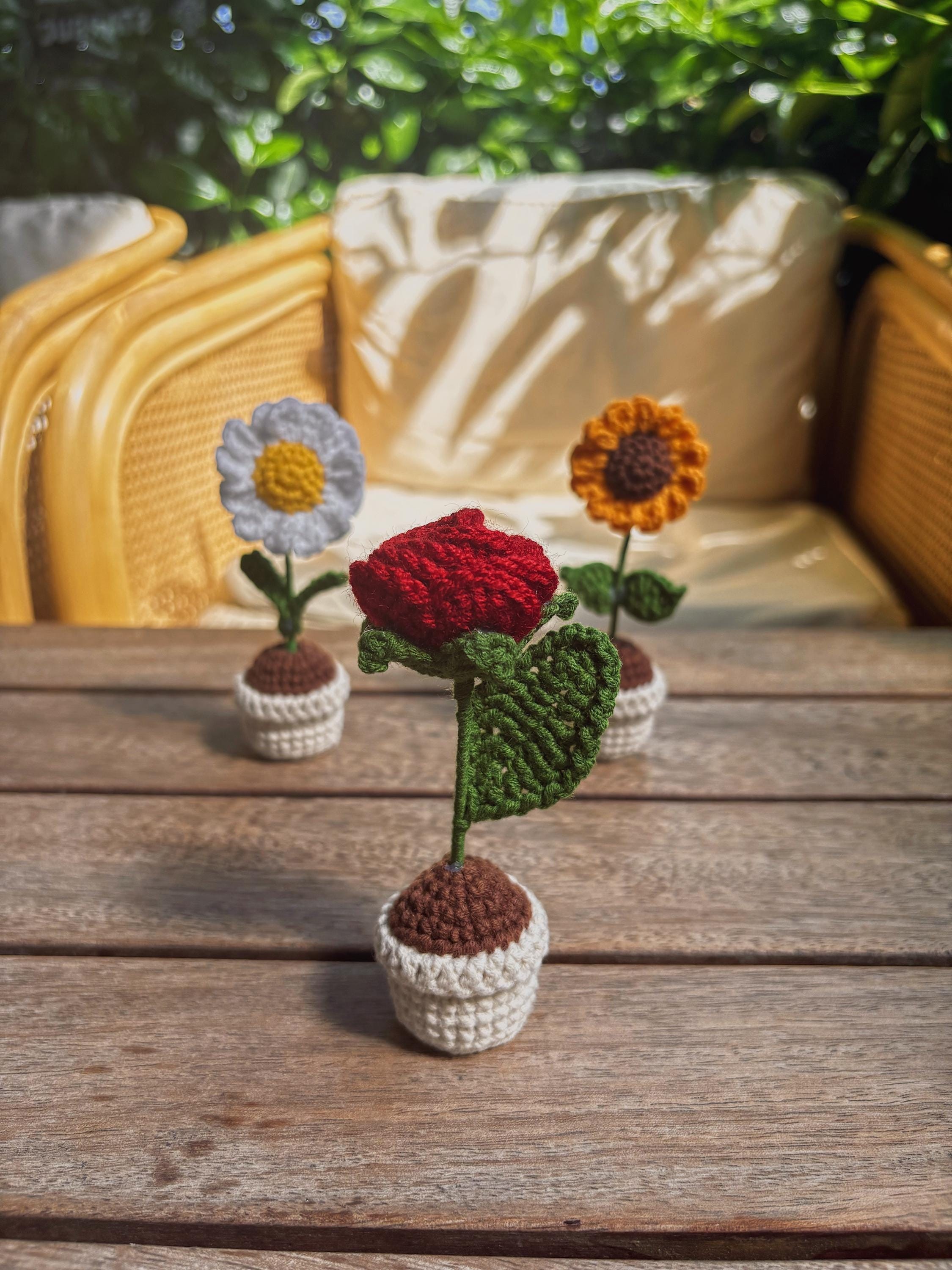 Crochet Potted Flower – Table / Car Decor – Rose, Daisy, Sunflower – Gift for Any Anniversary