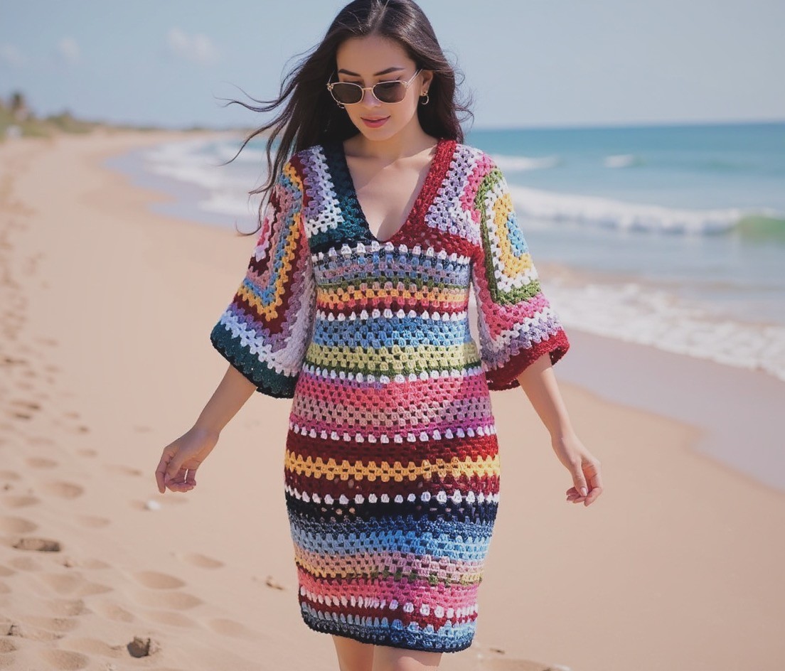 El Yapımı Renkli Tığ İşi Elbise – Granny Square Desenli Plaj Elbisesi, Bohem Örgü Yazlık Elbise
