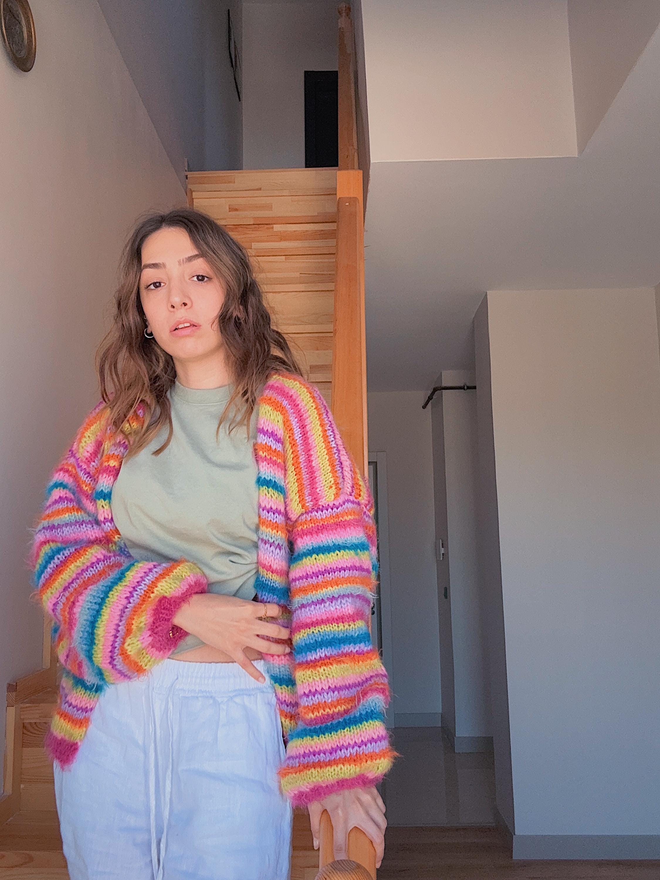 Colorful Striped Cardigan, Knit Cardigan, Hand-Knitted Warm Cardigan, Oversized Cardigan, Unisex Cardigan, Multicolored Cardigan