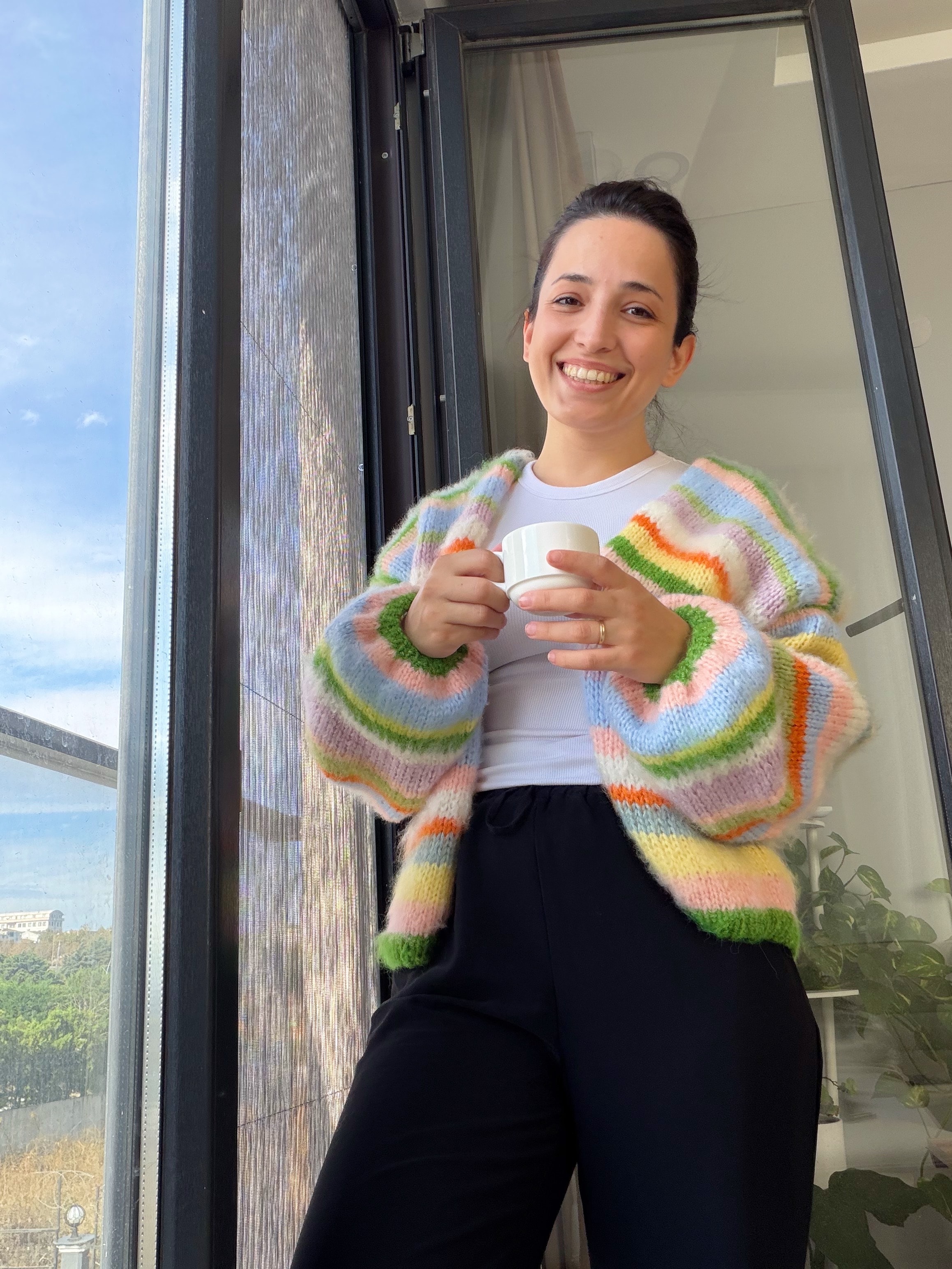 Renkli Çizgili Kazak, Örgü Hırka, El Örgüsü Sıcak Hırka, Oversize Hırka, Unisex Hırka, Çok Renkli Hırka