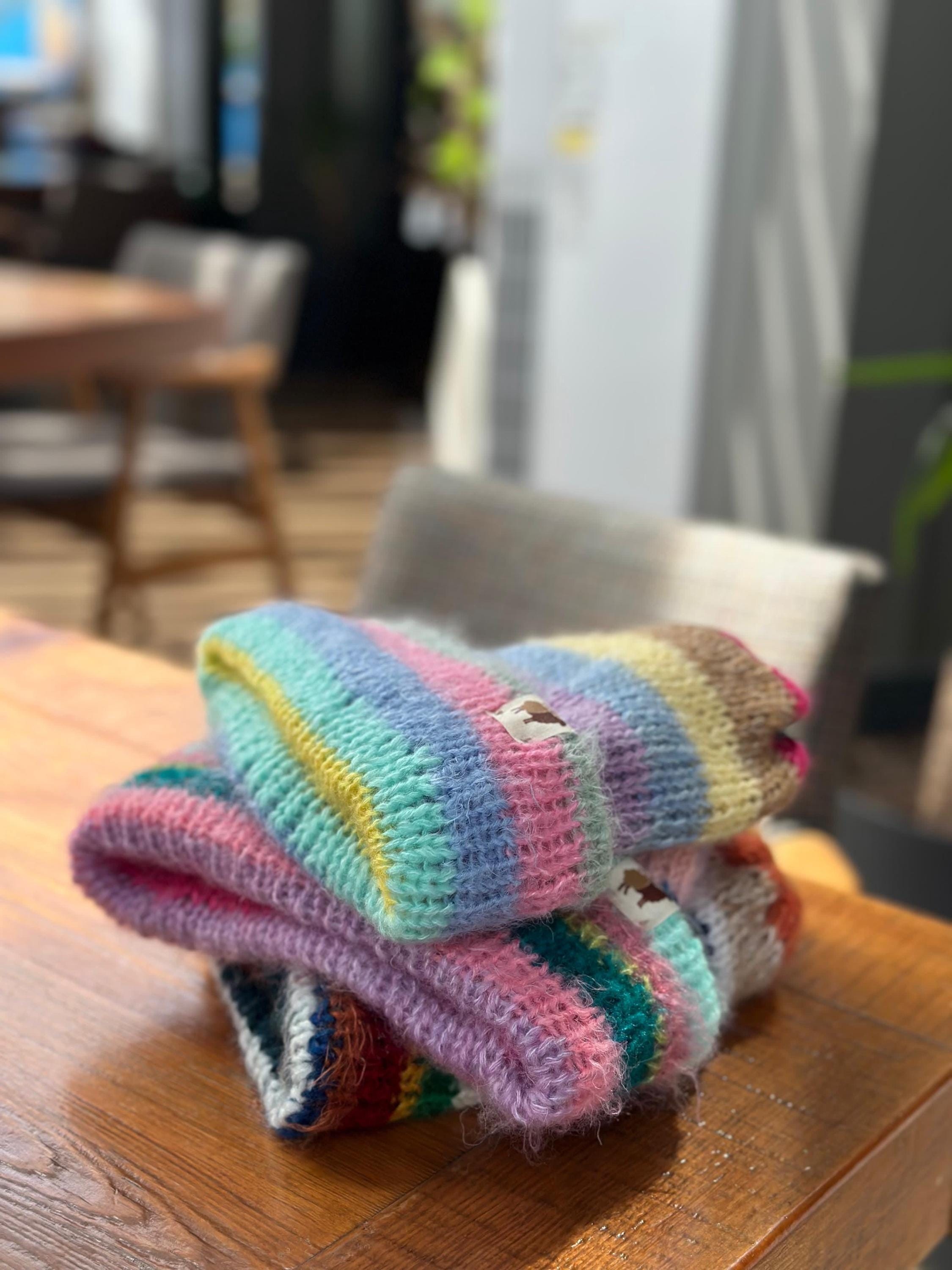Colorful Scrap Yarn Beanie – Soft Mohair Blend – Unique and Eco-Friendly Knit Hat, Colorful, Warm and Chunky Knit
