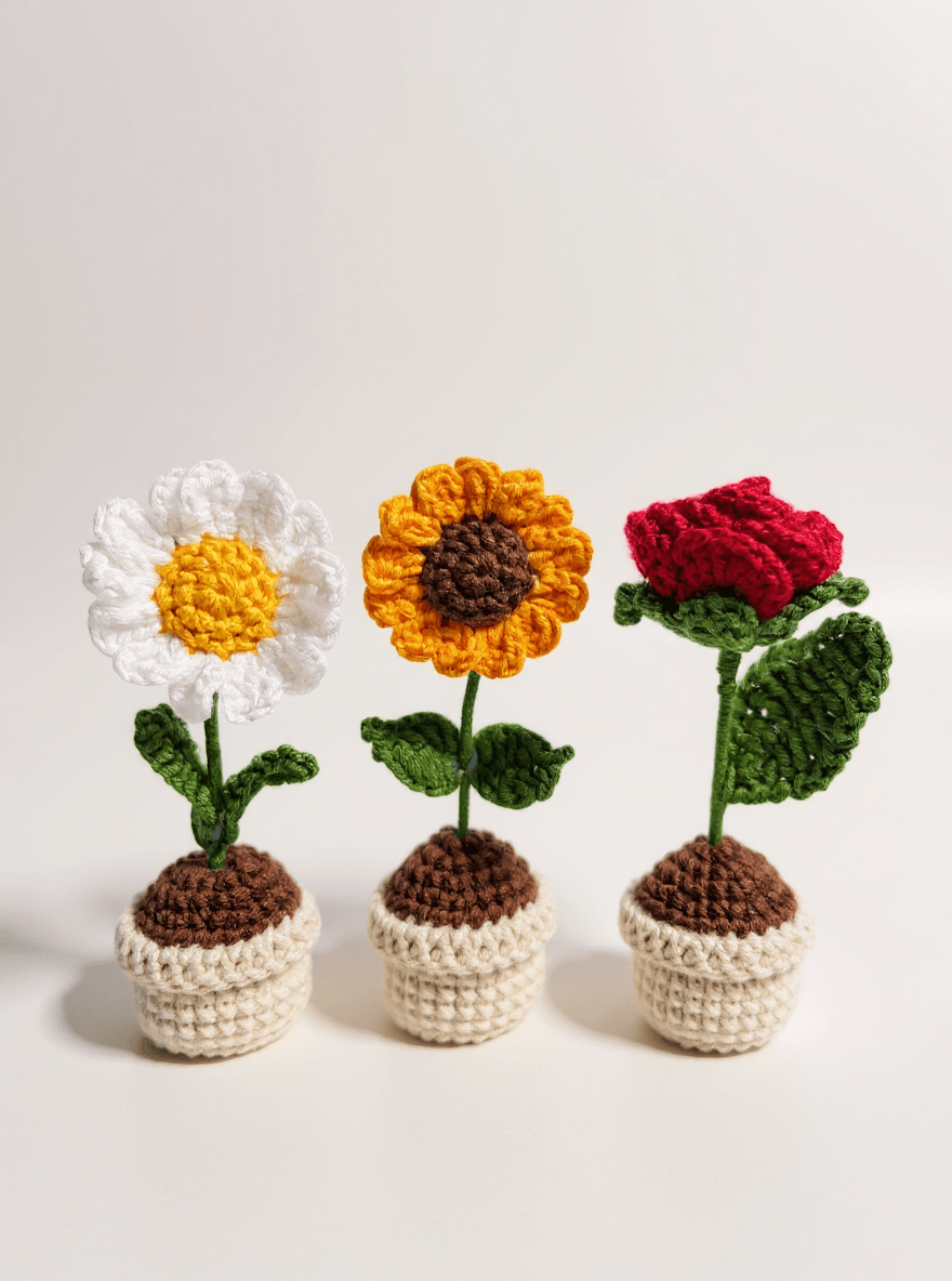 Crochet Potted Flower – Table / Car Decor – Rose, Daisy, Sunflower – Gift for Any Anniversary