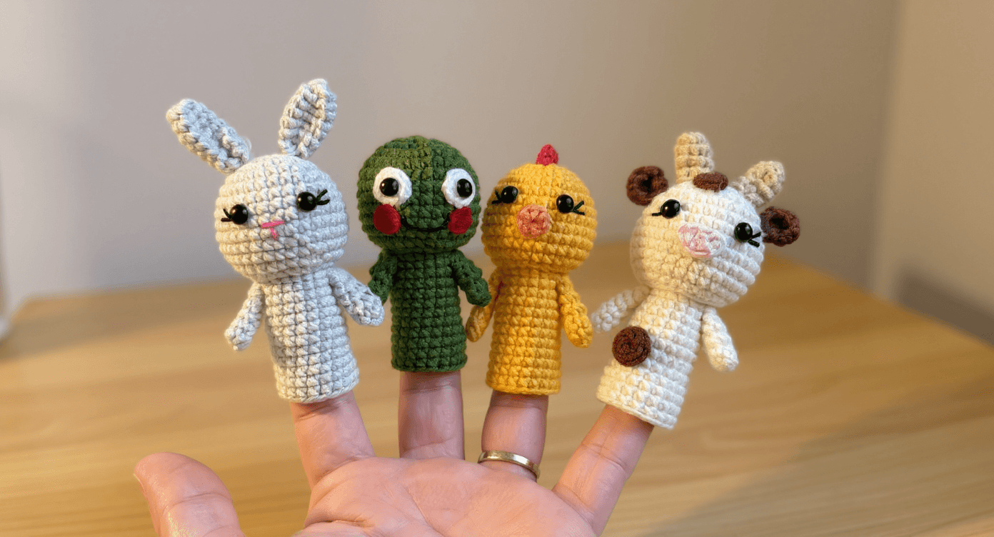 El Örgüsü Hayvan Temalı Parmak Kukla Seti (4’lü) – Tavşan, Kurbağa, Civciv ve İnek