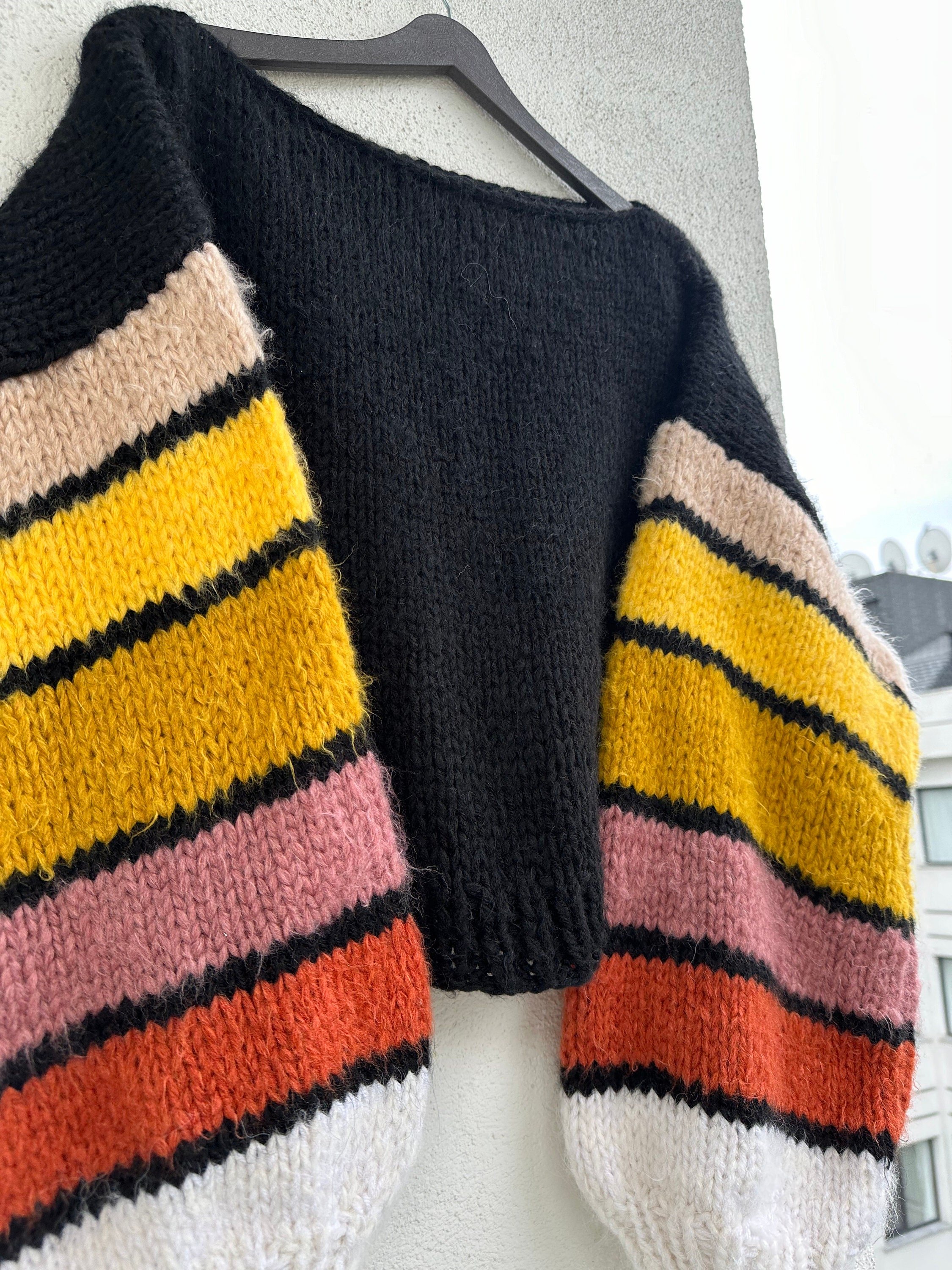 Colorful Striped Sweater, Crochet Sweater, Hand Knitted Warm Sweater,