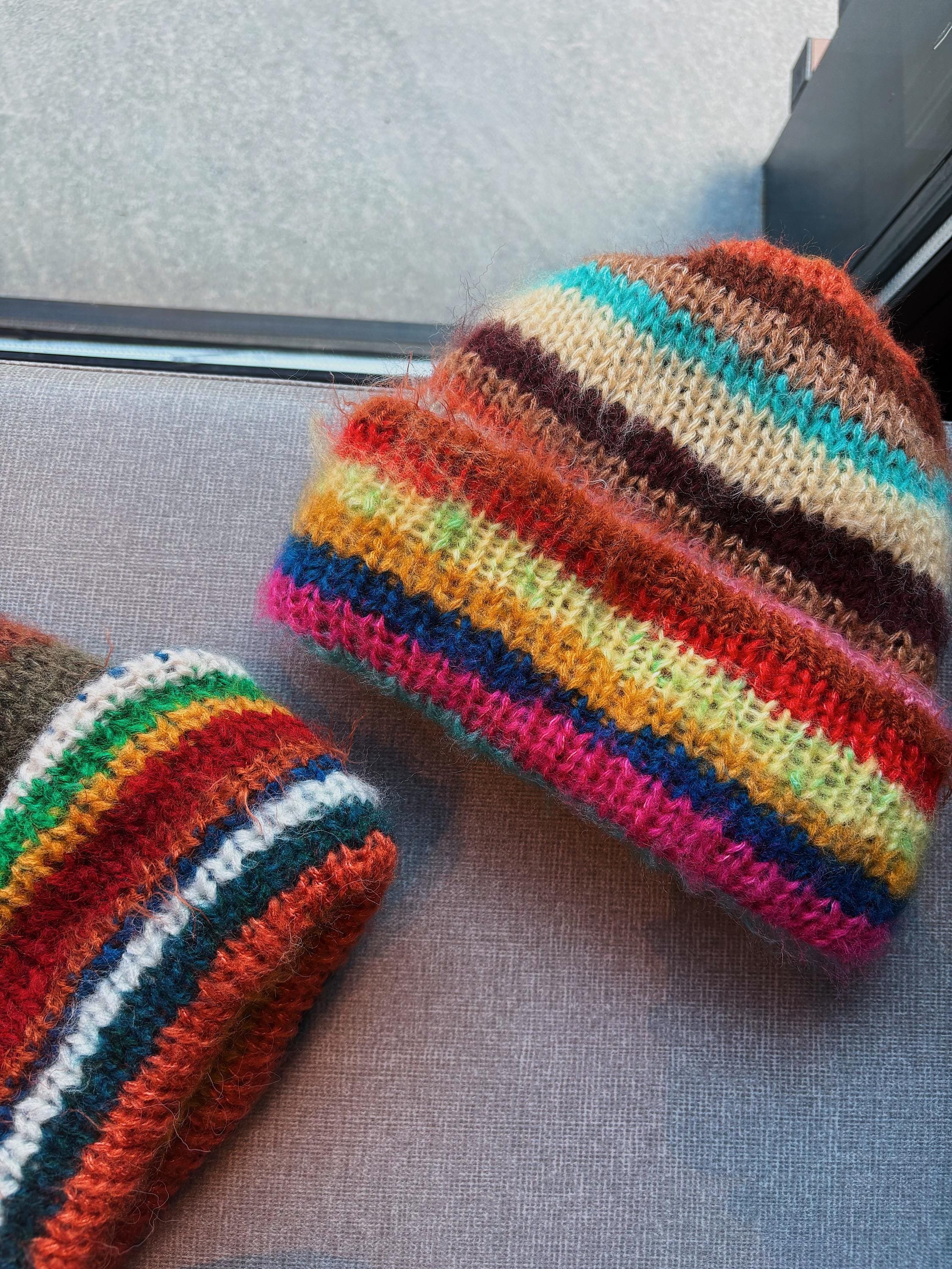 Colorful Scrap Yarn Beanie – Soft Mohair Blend – Unique and Eco-Friendly Knit Hat, Colorful, Warm and Chunky Knit