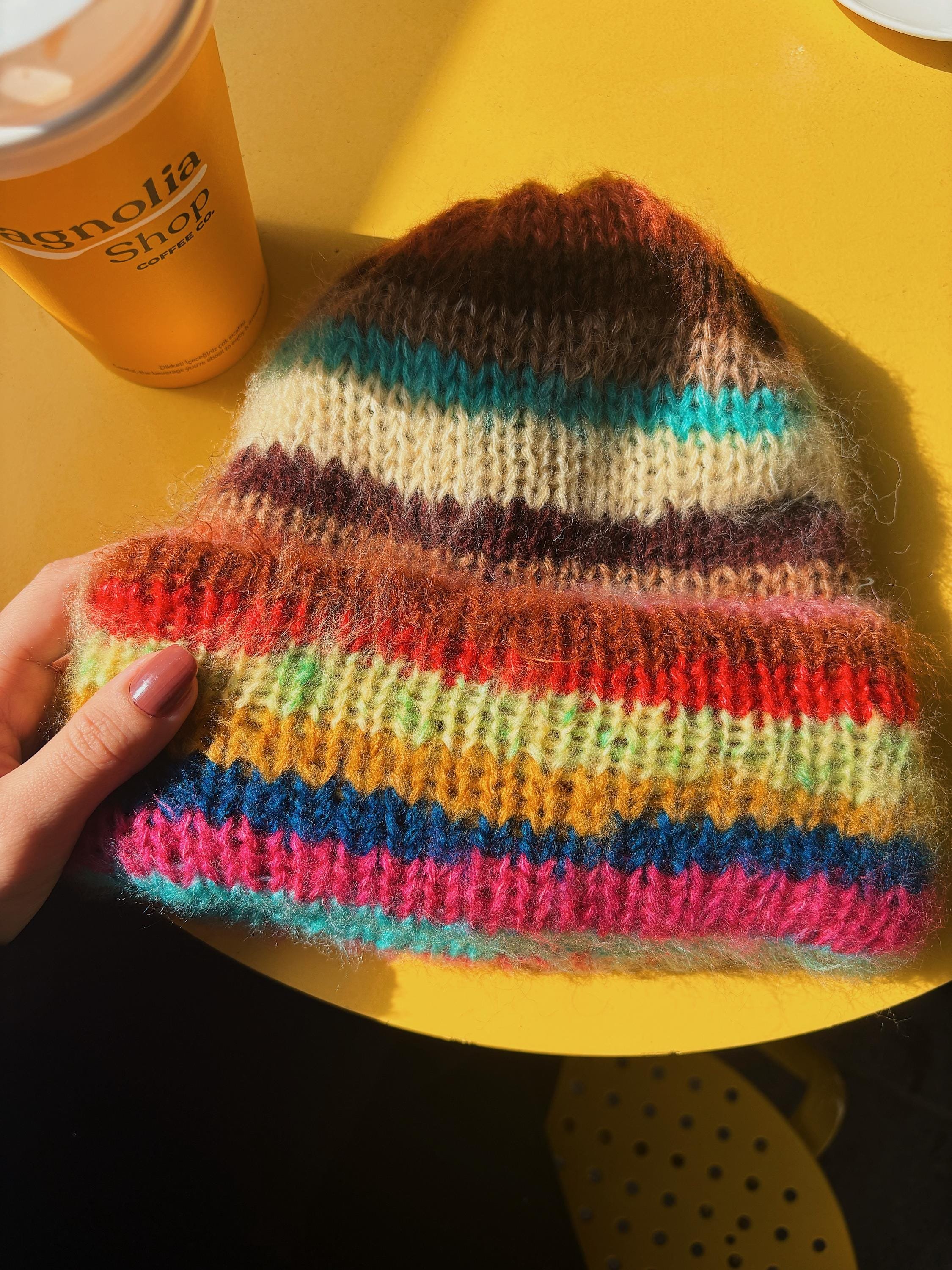 Colorful Scrap Yarn Beanie – Soft Mohair Blend – Unique and Eco-Friendly Knit Hat, Colorful, Warm and Chunky Knit