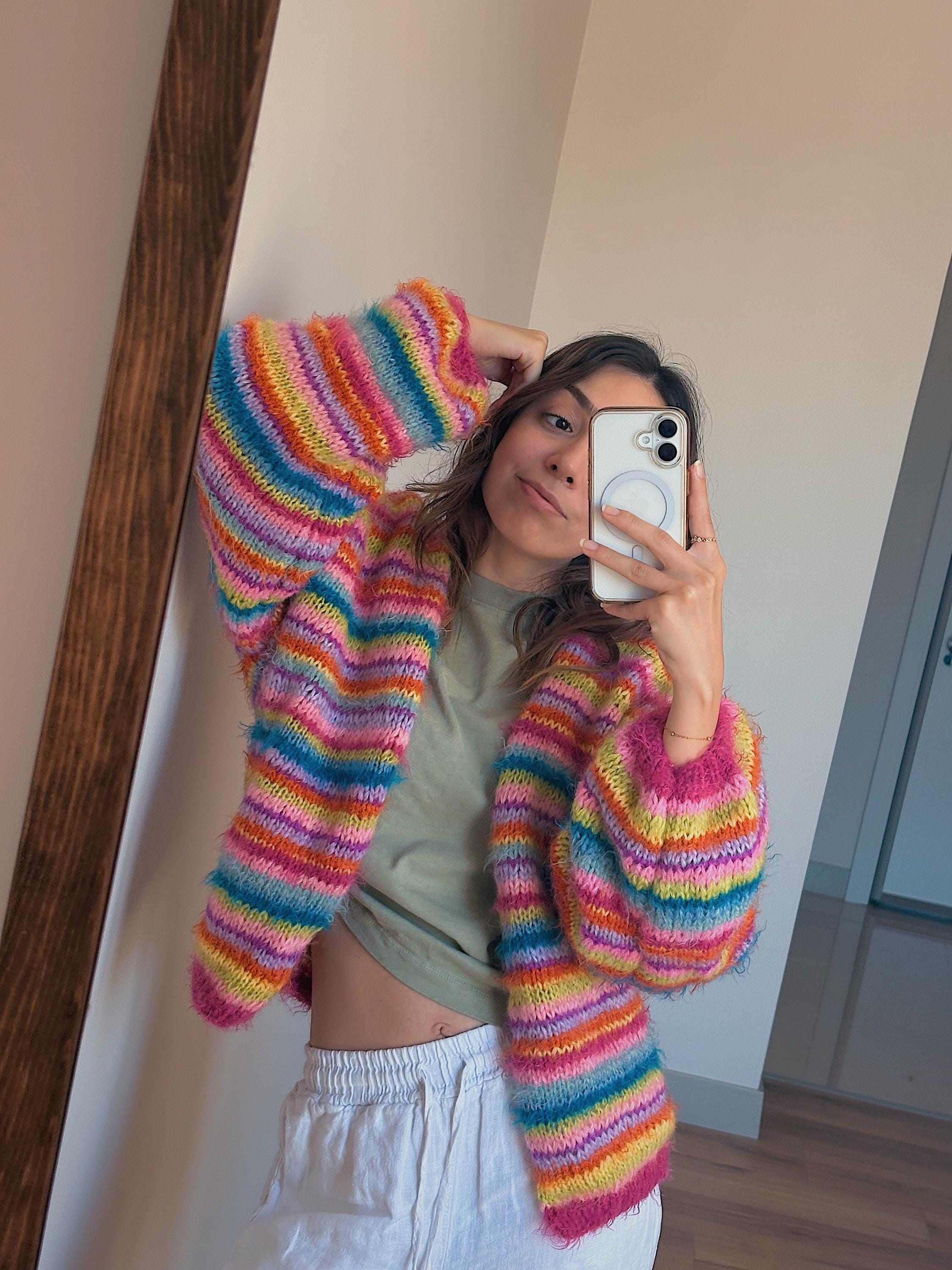 Colorful Striped Cardigan, Knit Cardigan, Hand-Knitted Warm Cardigan, Oversized Cardigan, Unisex Cardigan, Multicolored Cardigan