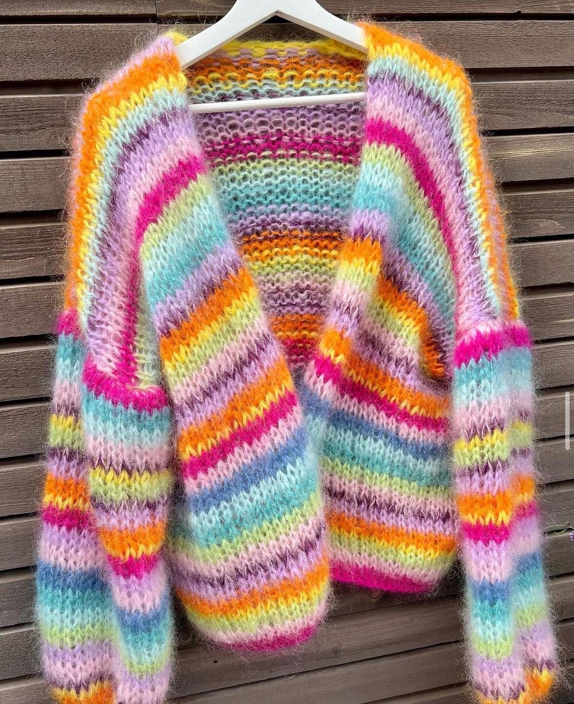 Colorful Striped Sweater, Knit Cardigan, Hand-Knitted Warm Cardigan, Oversized Cardigan, Unisex Cardigan, Multicolored Cardigan