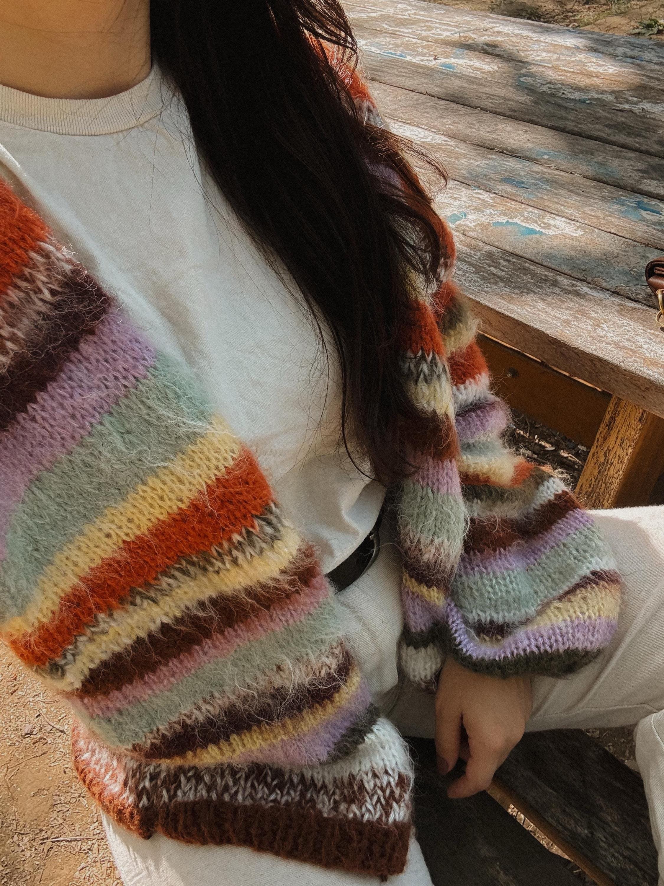 Colorful Striped Cardigan, Knit Cardigan, Hand-Knitted Warm Cardigan, Oversized Cardigan, Unisex Cardigan, Multicolored Cardigan