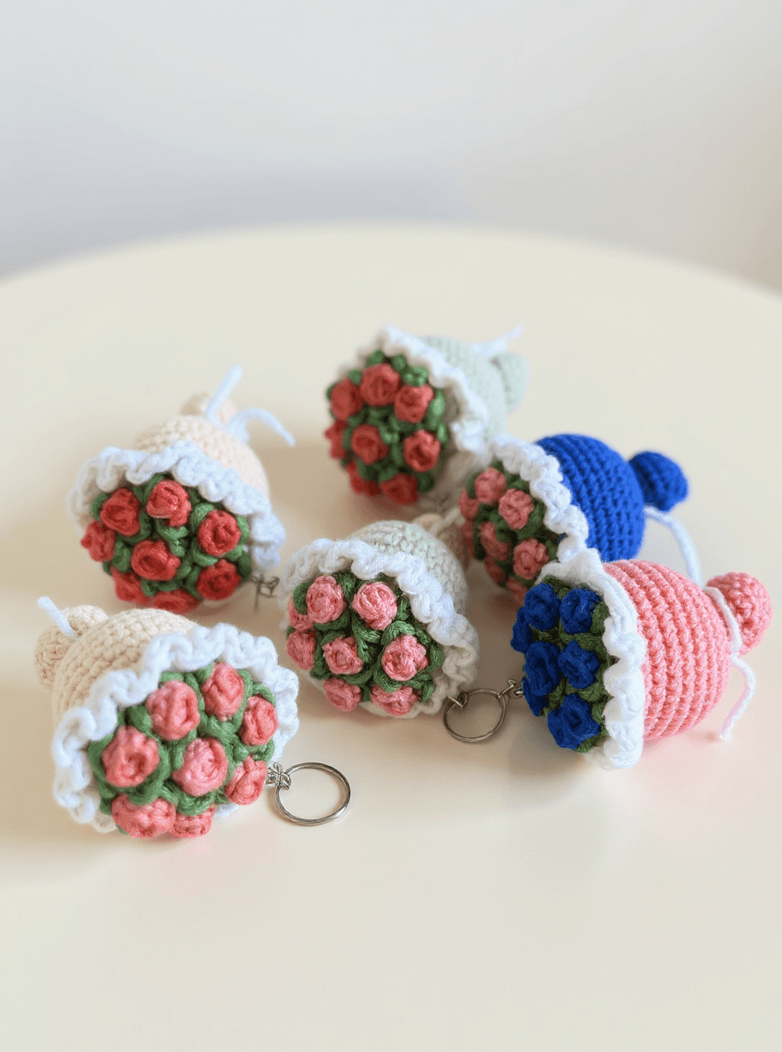 Örgü Çiçek Buketi Anahtarlık | El Yapımı Amigurumi Buket Anahtarlık | Romantik & Sevimli