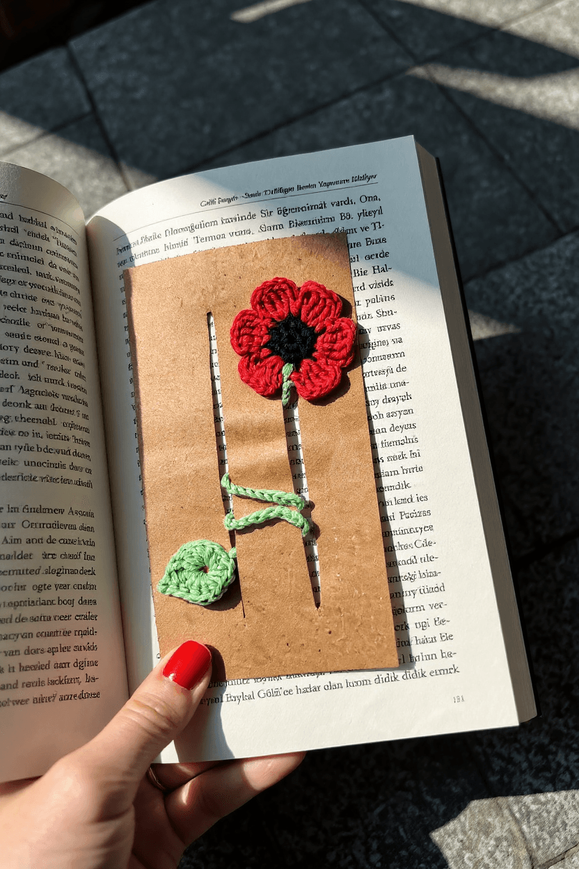Örgü amigurumi çiçek kitap ayracı, gelincik kitap ayracı, ayraç