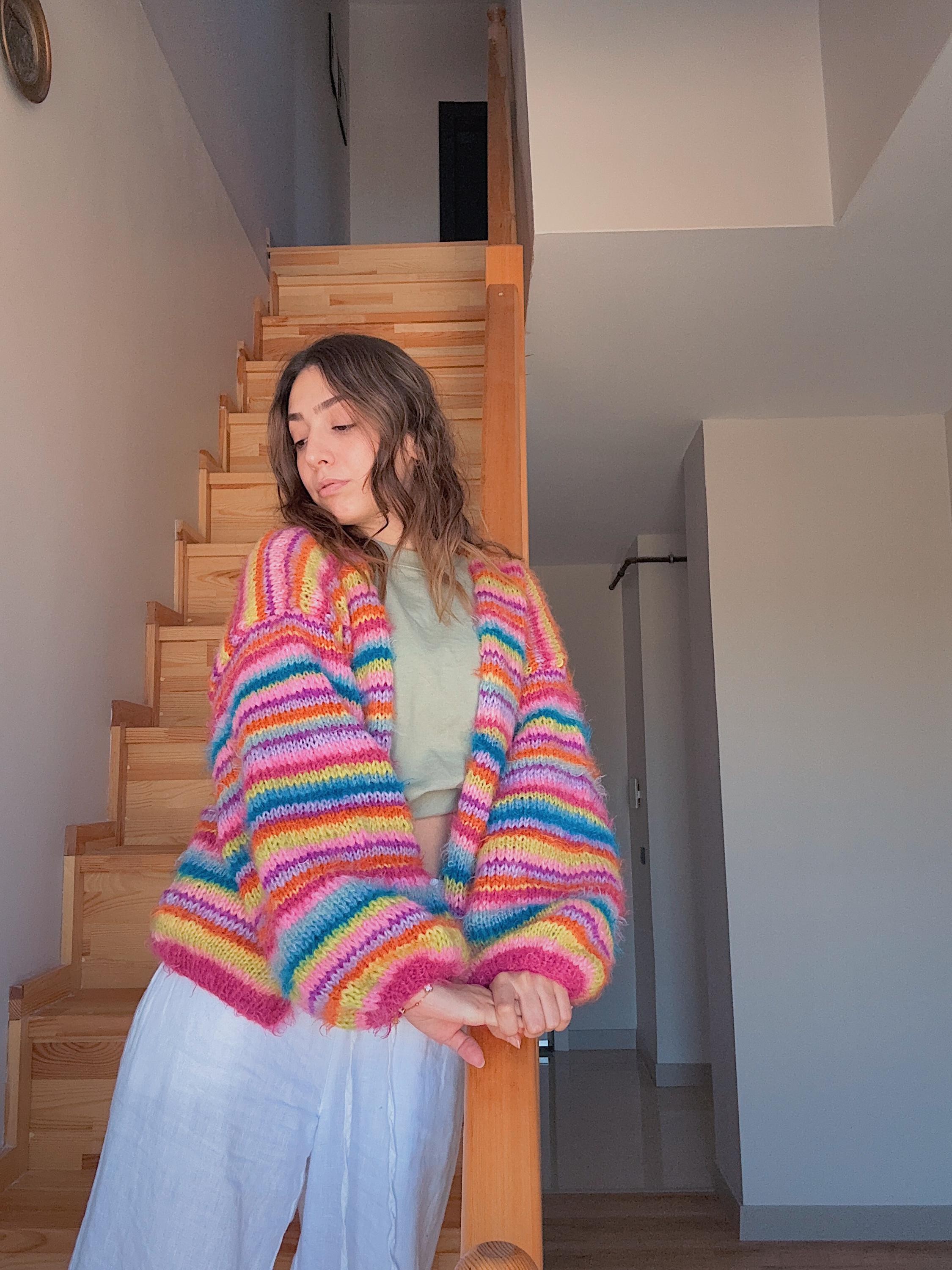 Colorful Striped Cardigan, Knit Cardigan, Hand-Knitted Warm Cardigan, Oversized Cardigan, Unisex Cardigan, Multicolored Cardigan