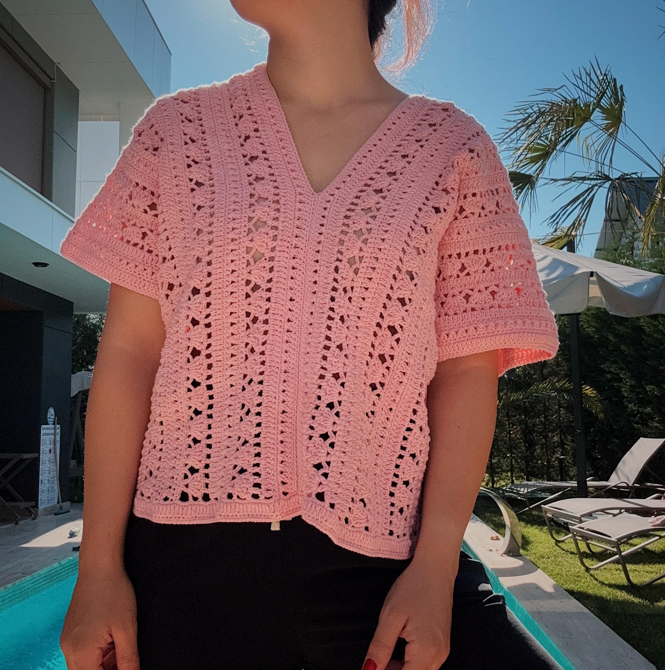 Crochet Summer Top – V-Neck Lace Blouse – Boho Crochet Blouse – Lightweight Beachwear – Short Sleeve Mesh Top
