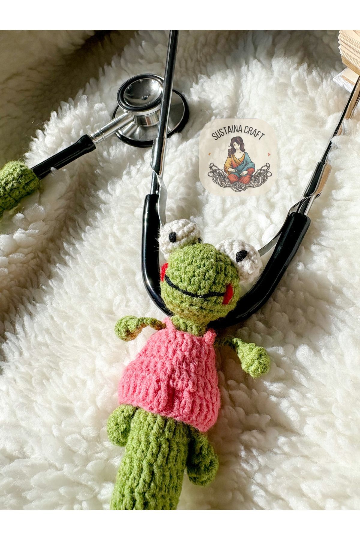 Kurbağa Temalı Steteskop Kılıfı -El Örgüsü Sevimli Steteskop Süsü - Doktor Için Hediye