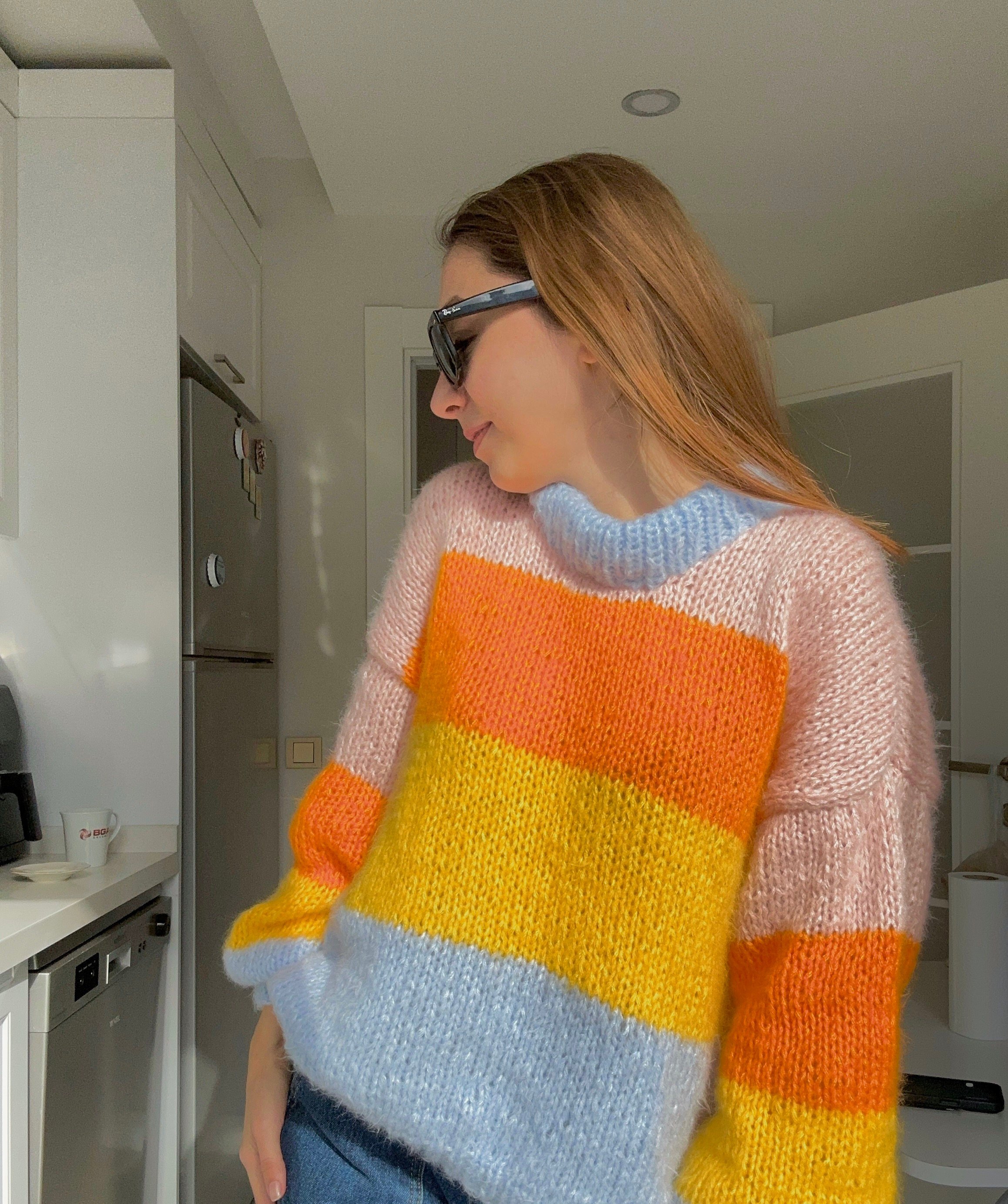 Colorful Striped Sweater, Crochet Sweater, Hand-Knitted Warm Sweater, Oversized Sweater, Unisex Sweater, Multicolored Sweater