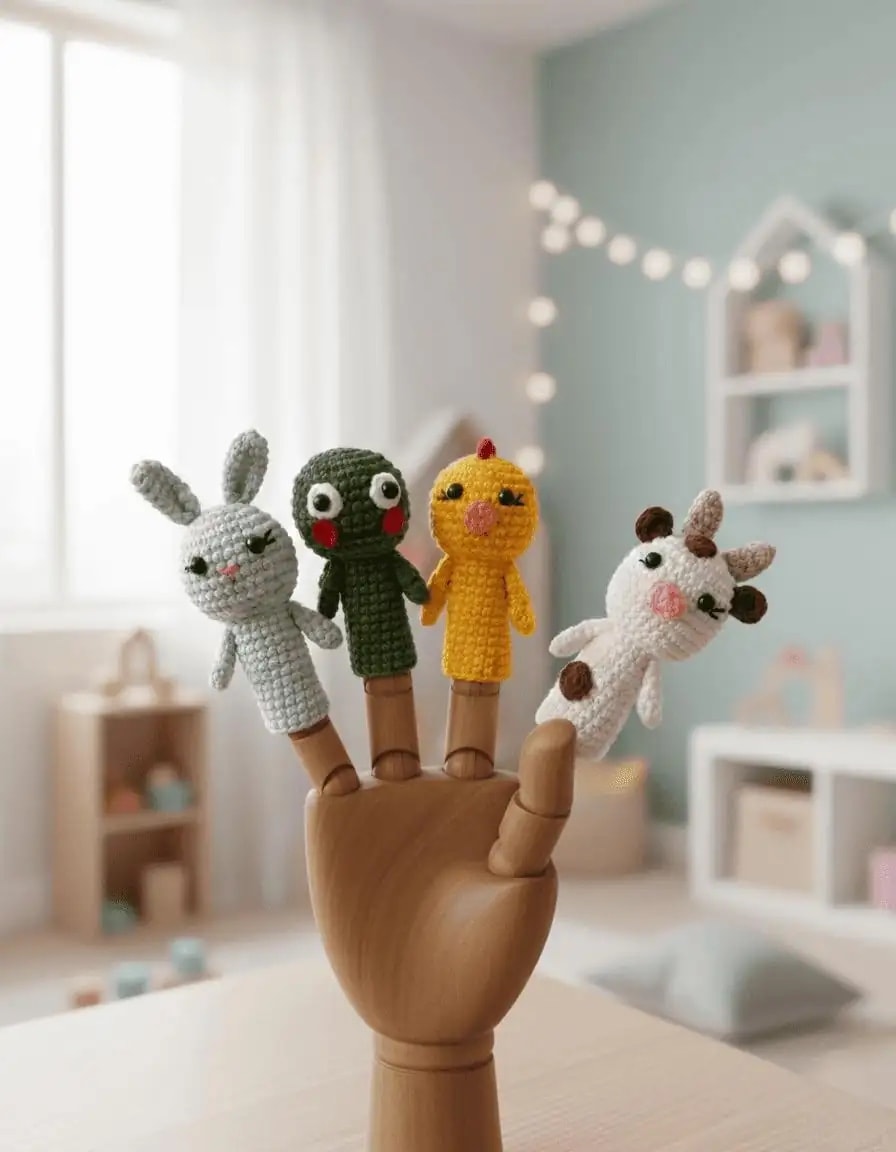 El Örgüsü Hayvan Temalı Parmak Kukla Seti (4’lü) – Tavşan, Kurbağa, Civciv ve İnek