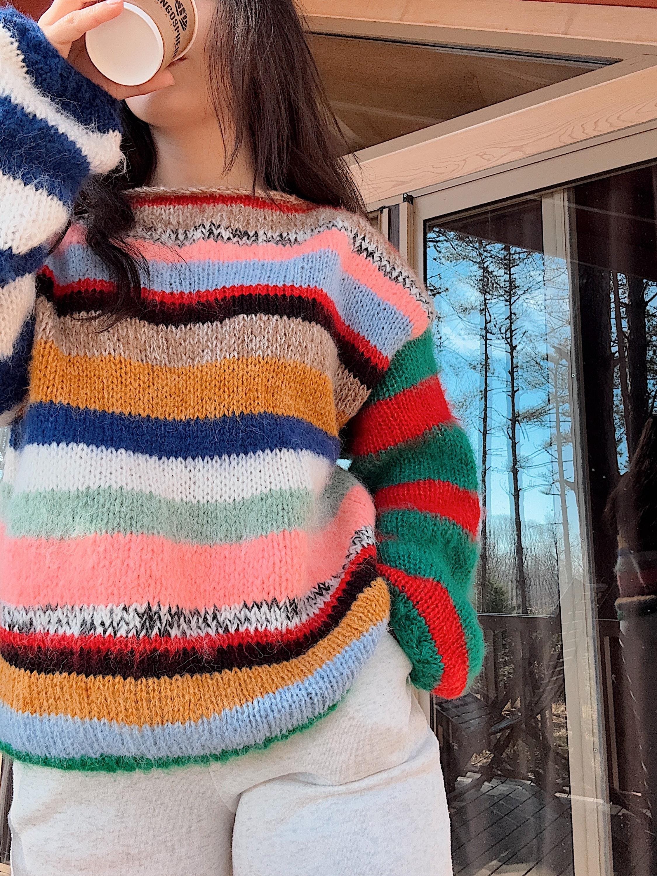 Colorful Striped Sweater, Crochet Sweater, Hand Knitted Warm Sweater,