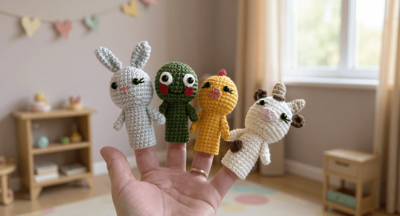 El Örgüsü Hayvan Temalı Parmak Kukla Seti (4’lü) – Tavşan, Kurbağa, Civciv ve İnek