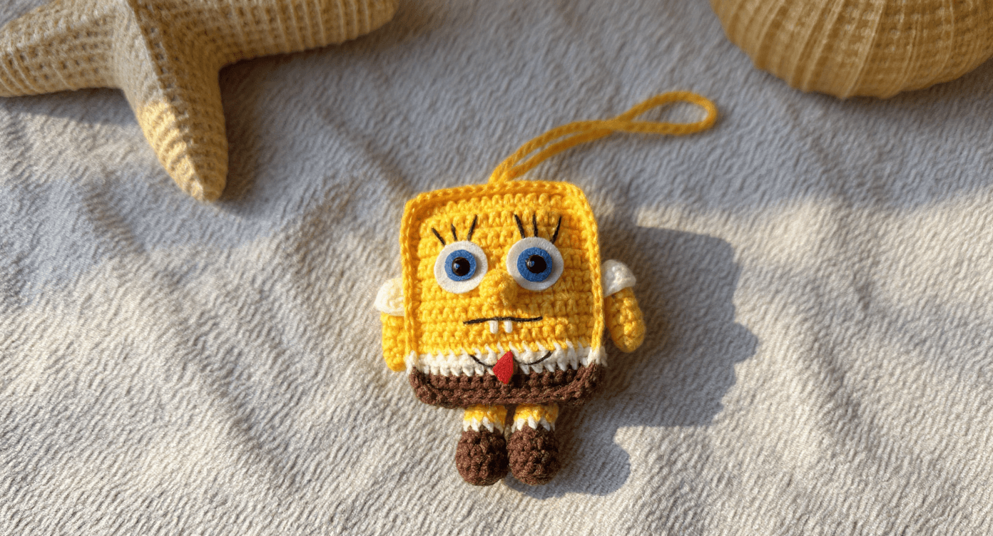 El Yapımı Örgü Sünger Bob Charm – Sevimli Amigurumi Karakter Figürü