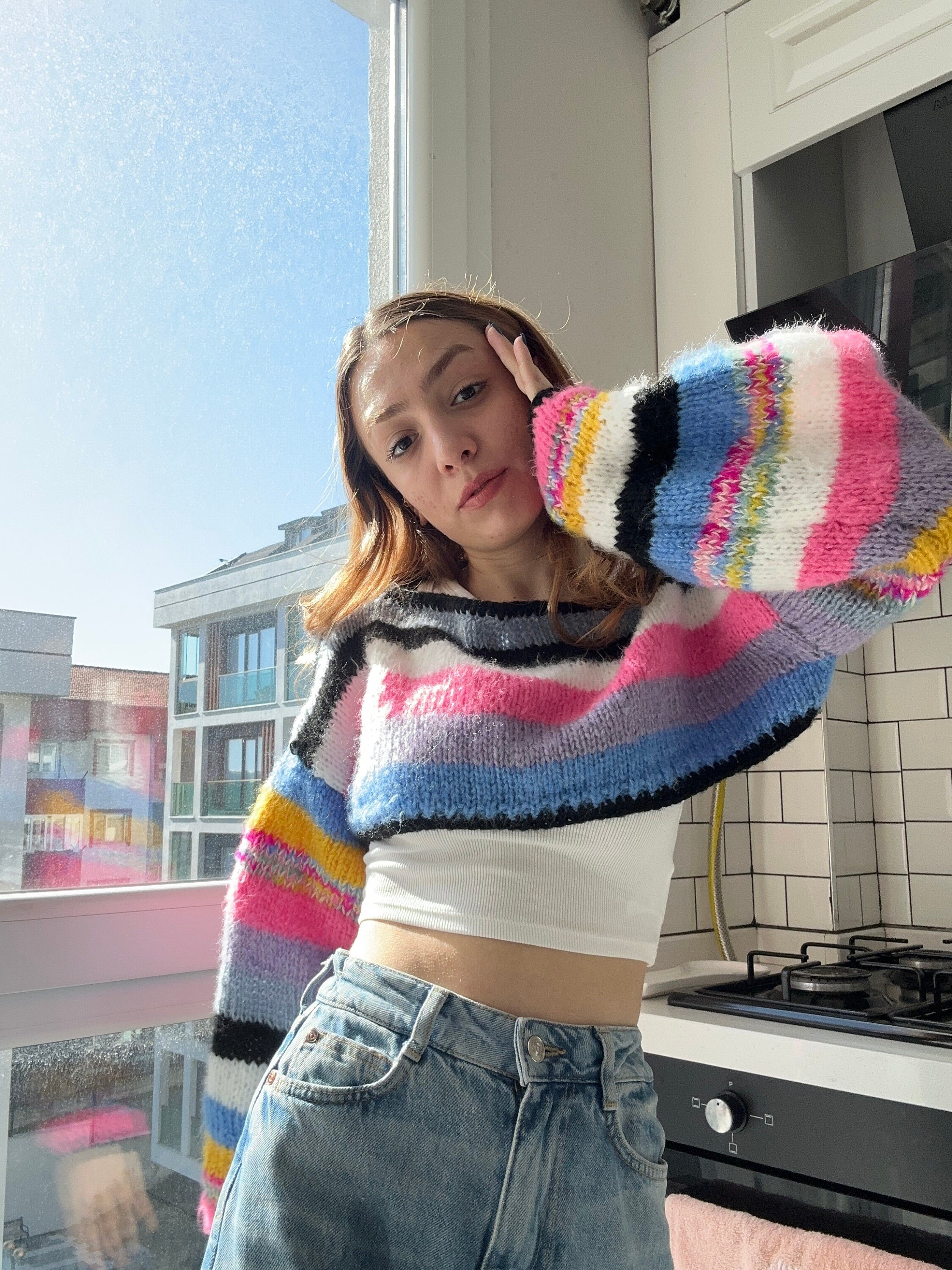 Colorful Crochet Long Sleeve Top, Handmade Crop Top, Vintage Style Crochet Blouse, Handmade Long Sleeve Blouse, Beach Cover Up, Handmade Crop