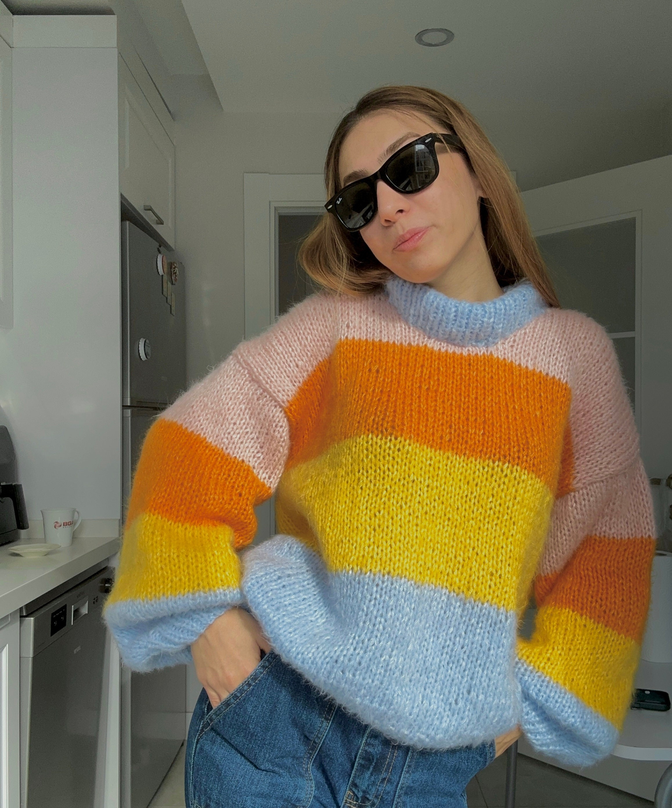 Colorful Striped Sweater, Crochet Sweater, Hand-Knitted Warm Sweater, Oversized Sweater, Unisex Sweater, Multicolored Sweater