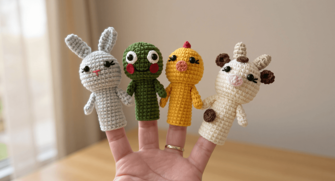 El Örgüsü Hayvan Temalı Parmak Kukla Seti (4’lü) – Tavşan, Kurbağa, Civciv ve İnek
