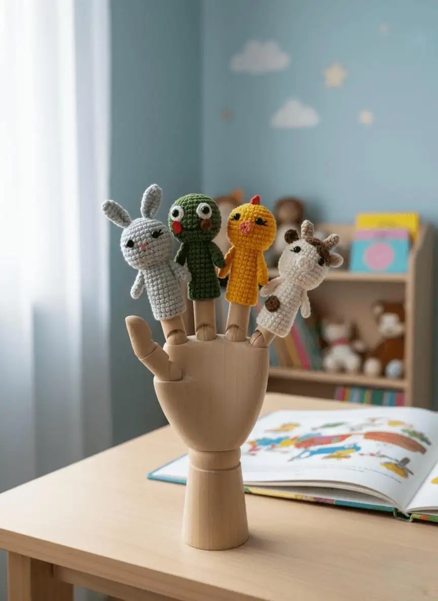 El Örgüsü Hayvan Temalı Parmak Kukla Seti (4’lü) – Tavşan, Kurbağa, Civciv ve İnek