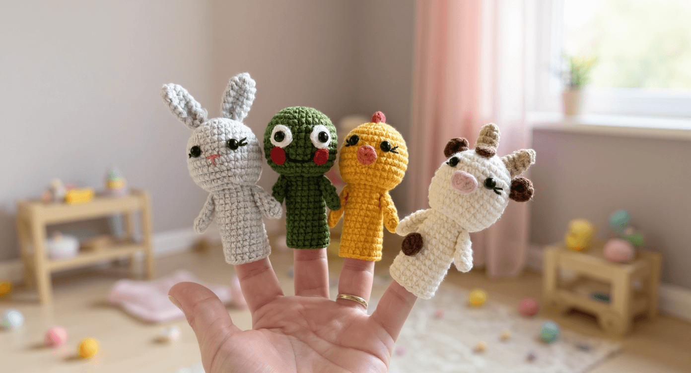 El Örgüsü Hayvan Temalı Parmak Kukla Seti (4’lü) – Tavşan, Kurbağa, Civciv ve İnek