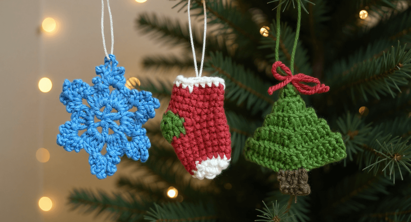 El Yapımı Örgü Yılbaşı Ağaç Süsü Seti (3’lü) | Kar Tanesi, Çorap ve Çam Ağacı | Noel Süsü | Örgü Christmas Ornament Set