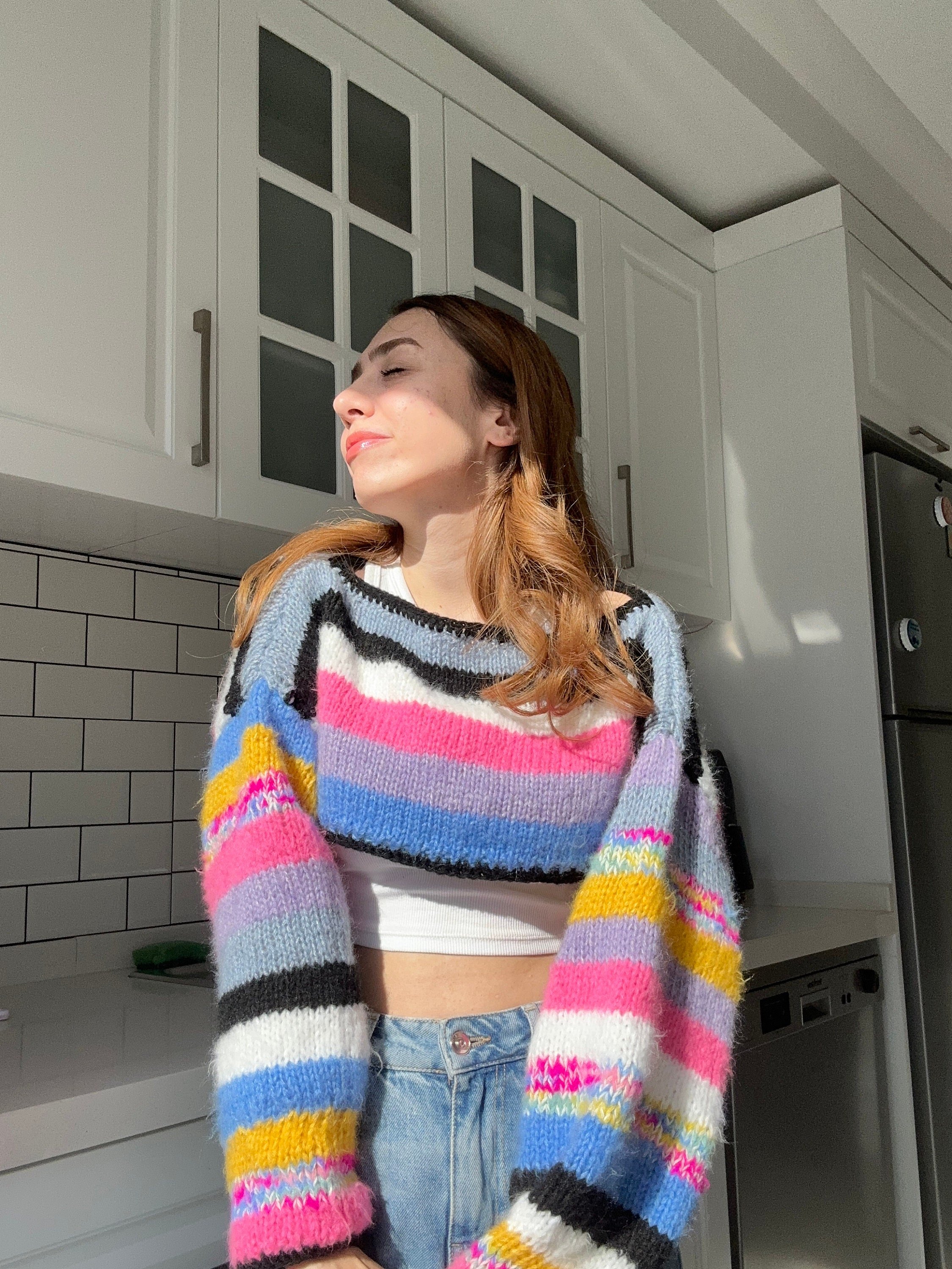 Colorful Crochet Long Sleeve Top, Handmade Crop Top, Vintage Style Crochet Blouse, Handmade Long Sleeve Blouse, Beach Cover Up, Handmade Crop